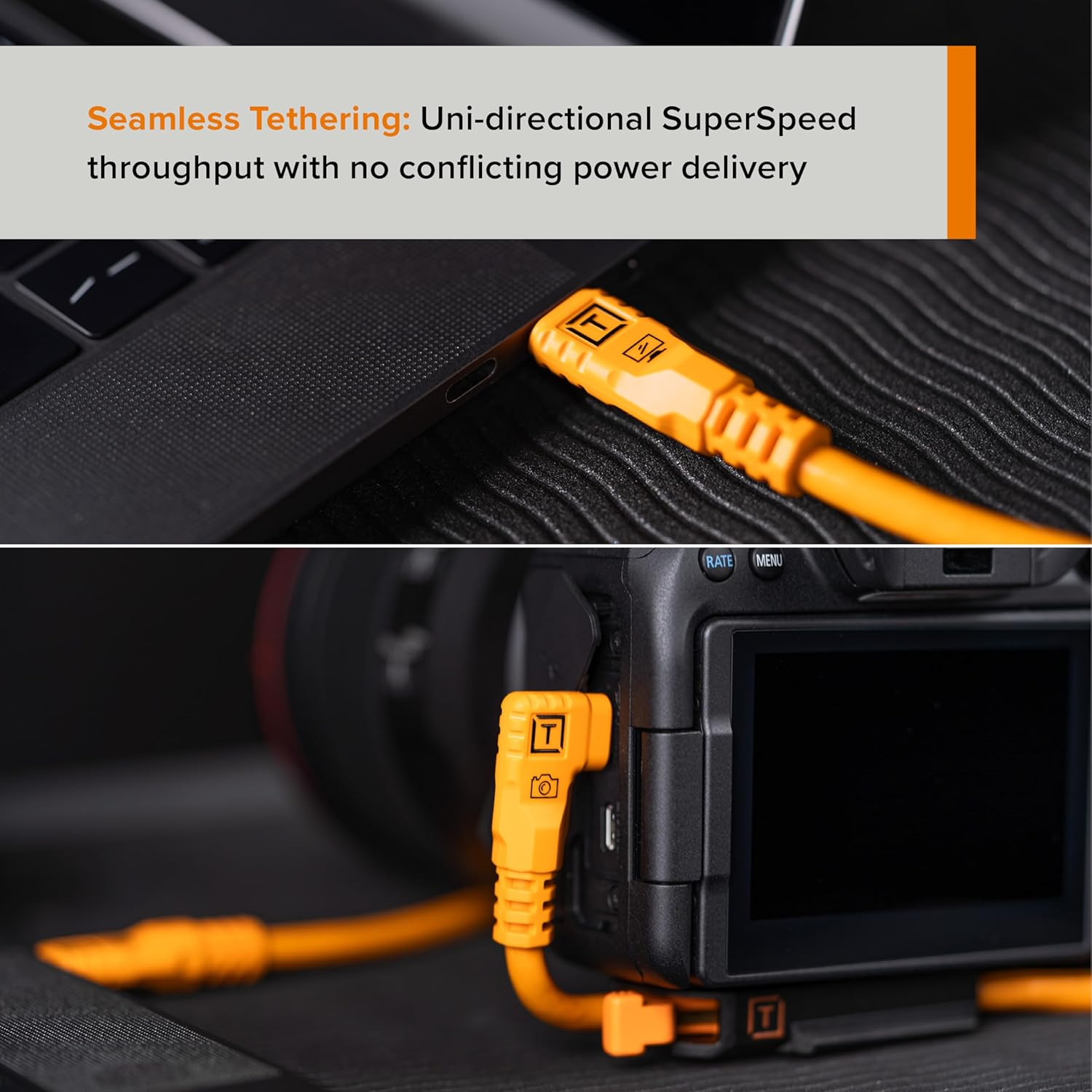 Tether Tools Tetherpro USB-C to USB-C, 31' (9.4M), Straight to Right Angle Cable with Dual In-Line Tetherboosts, & Exclusive Data Transfer - Orange