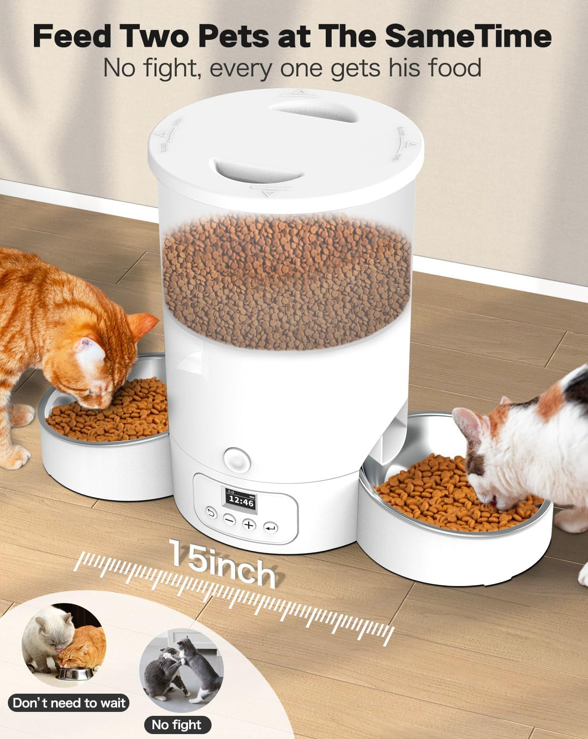 Automatic Cat Feeder for Two Cats - SURDY 3L Cat Food Dispenser Automatic with 2 Stainless Steel Bowls, 10S Meal Call Dual Power Supply and Timer Setting 12 Portions 6 Meals per Day for Cat & Dog image number 3