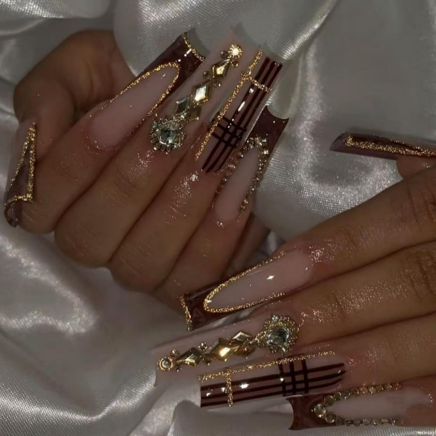 SEENEEY Square Press on Nails Long Brown French Tip Acrylic False Nails with Designs for Women (24PCS) image number 5