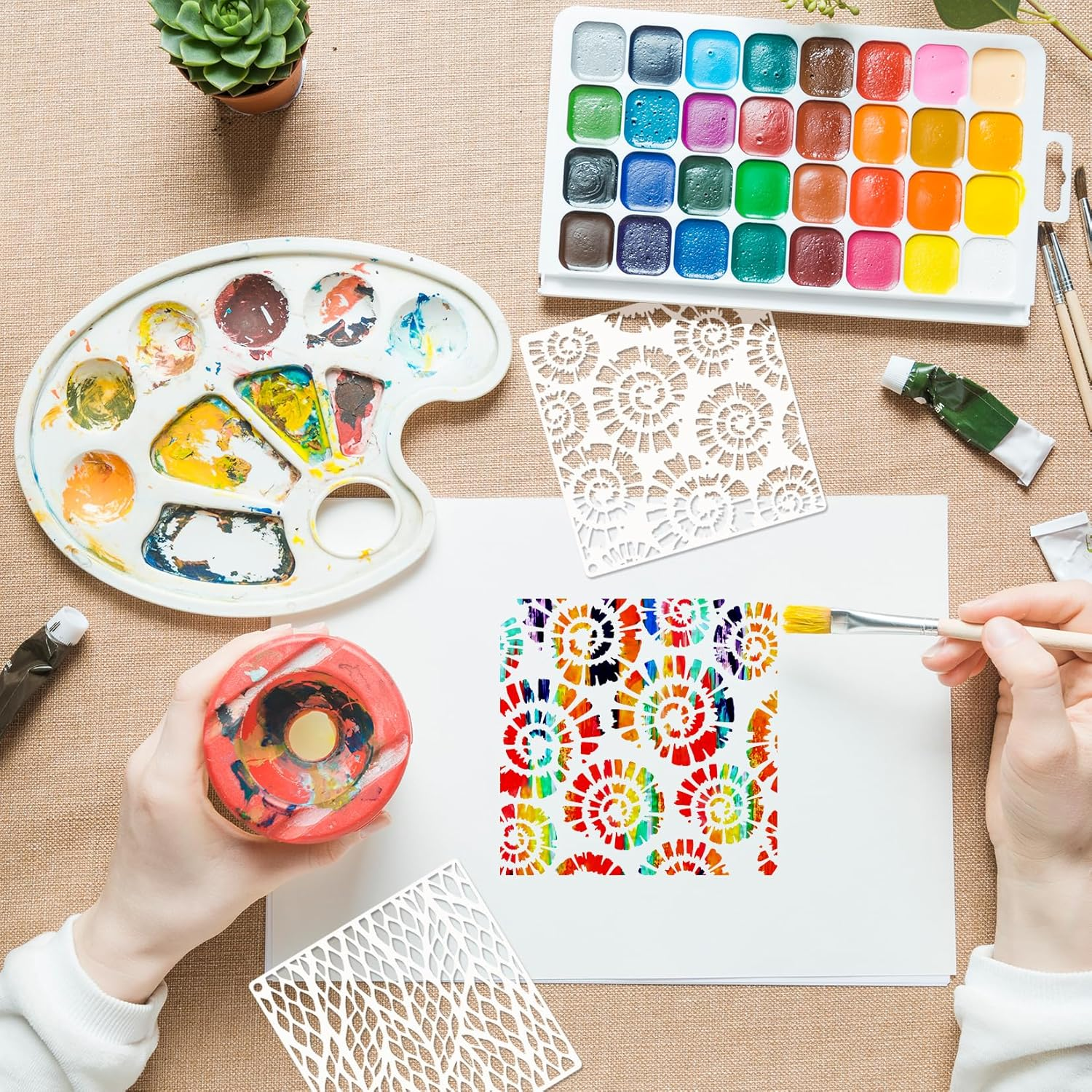 Cubist Stencils for Crafts Reusable 6 X 6 Inch Texture Mixed Media Burlap Art Painting on Wood Wall Canvas Brick Layered Pattern Paint Art Stencils for Card Making (16Pcs Cubist) image number 6