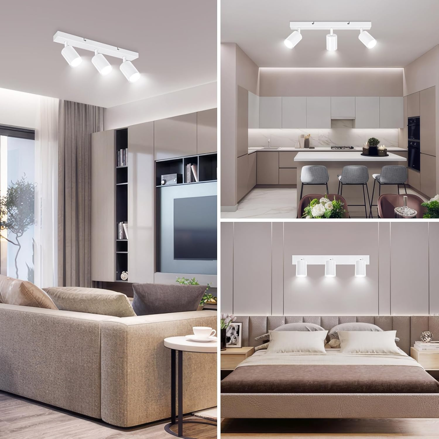 Ketom 3 Way Rotatable White GU10 Spotlight Ceiling Lights, Modern Kitchen & Living Room Lighting, 6W LED, 1 Pack image number 3