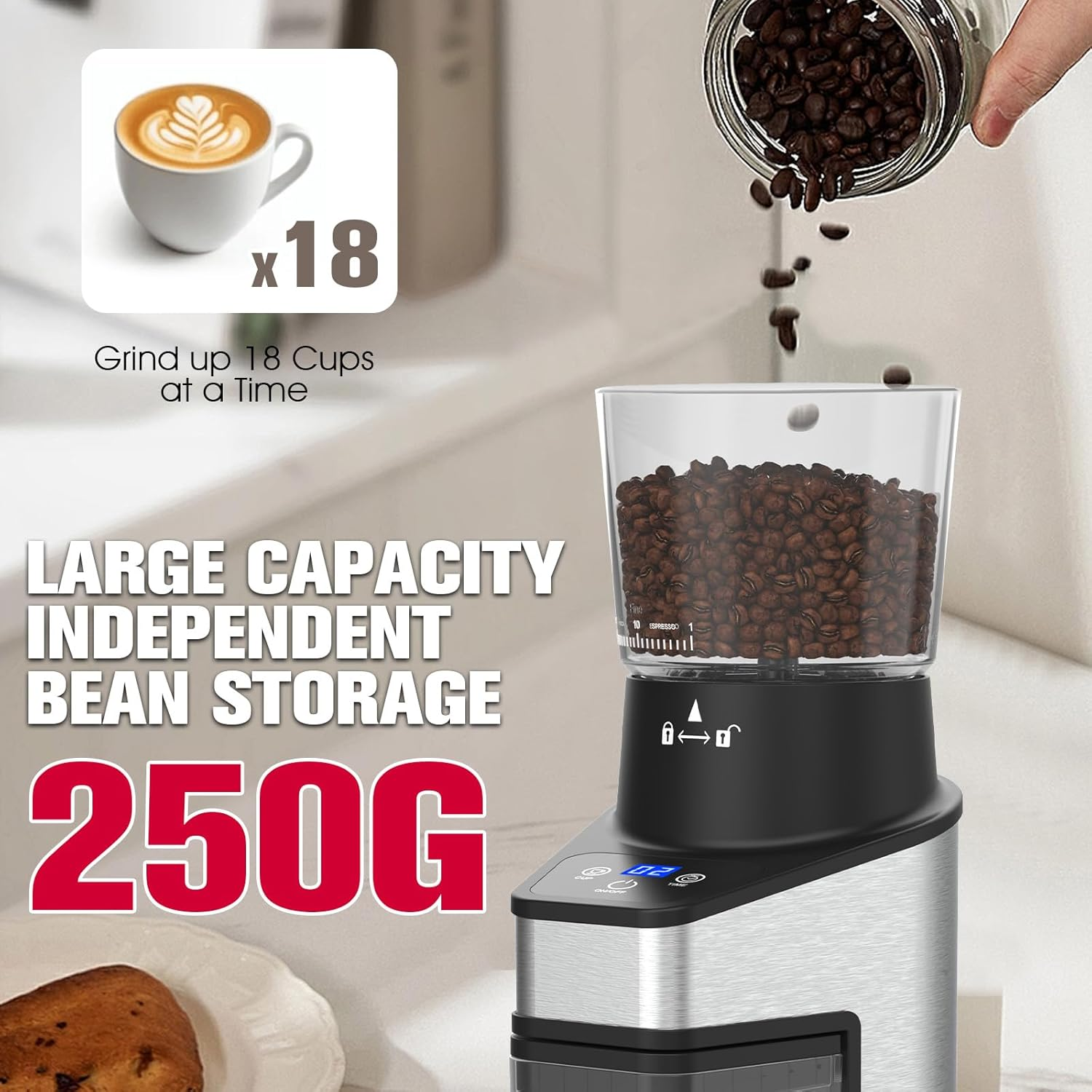 Cobuy Burr Coffee Grinder Electric W/Adjustable Settings for Precision Coffee Bean Grinding (18 Cup) Automatic Burr Mill (150W) Stainless Steel Coffee Maker image number 5