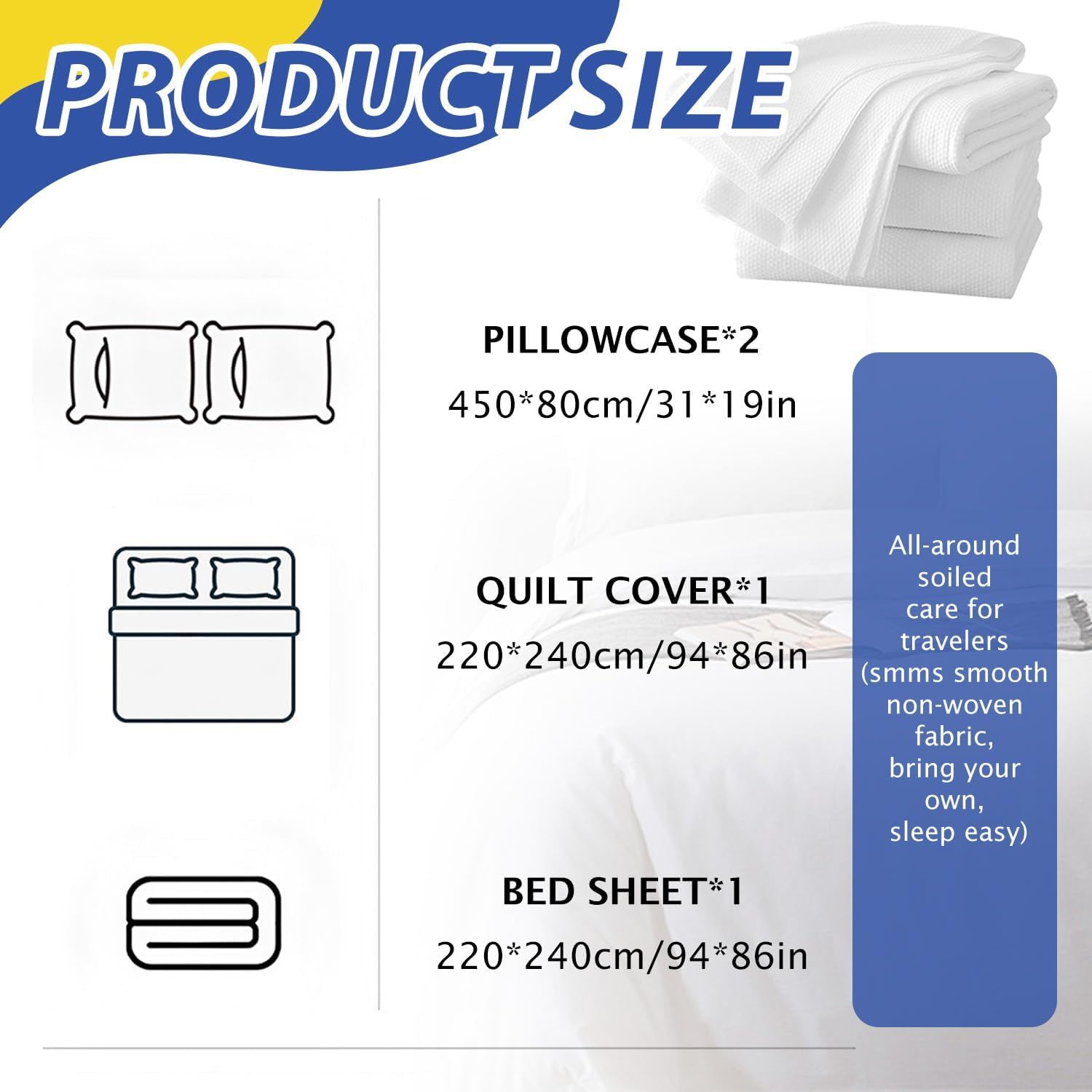 TORMEN 4 Pcs Disposable Sheet and Pillowcase Set 31"X19" Travel Hygiene Bedding Set for Hotel Camping Sterile Waterproof Portable Sheet Pillow Cover Kit No Wash Non Woven Fabric Trips image number 5