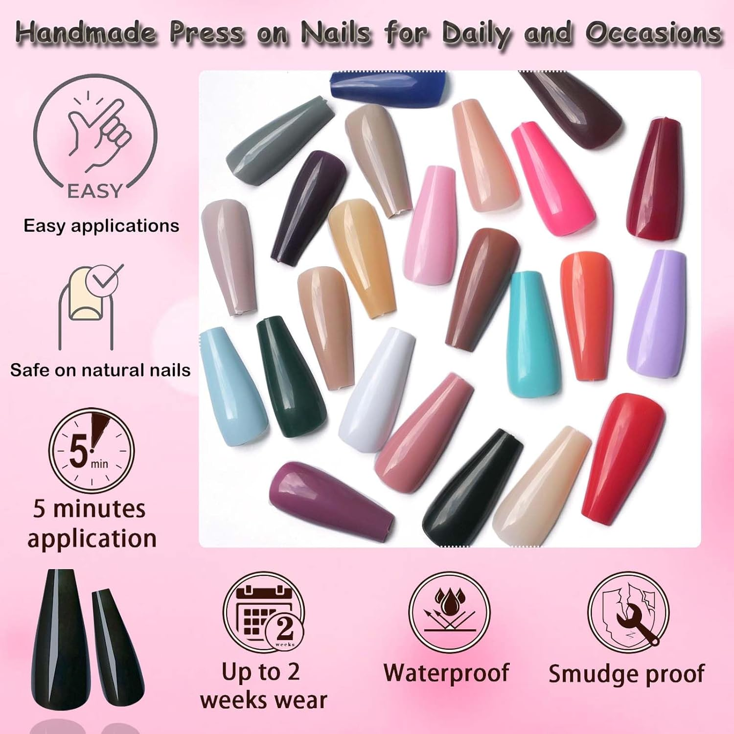 Loveourhome 576Pc Coffin Press on Nails Long Colored Fake Nails Tips Full Cover Medium Ballerina Press on Nail Acrylic Artificial False Fingernails Manicure Decor image number 1