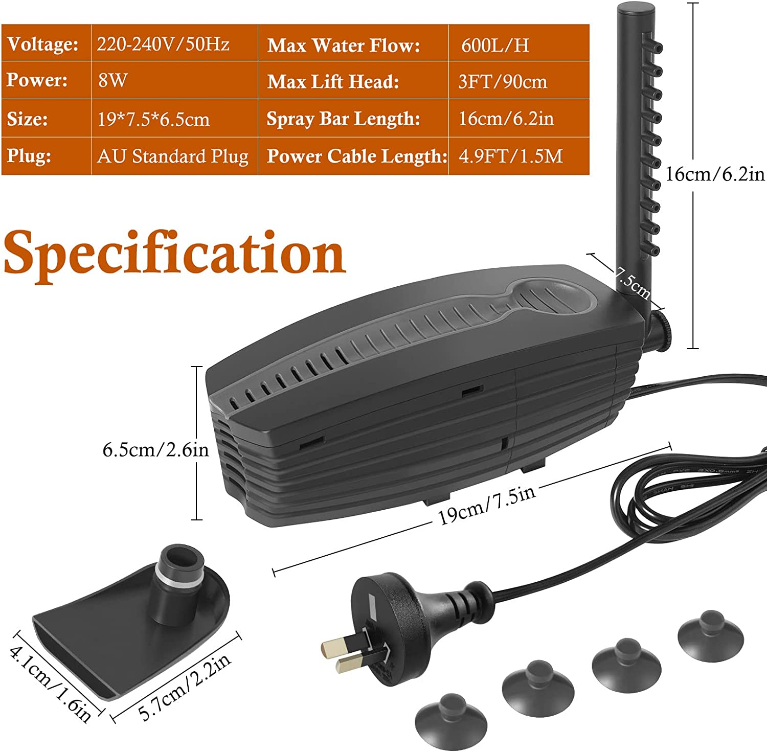 600L/H Aquarium Filter U-V with Timer, 8W Adjustable Fish Tank Filter Pump, Submersible Internal Filter for 30-180L Tank, with Biochemical Cotton, Activated Carbon Cotton image number 6