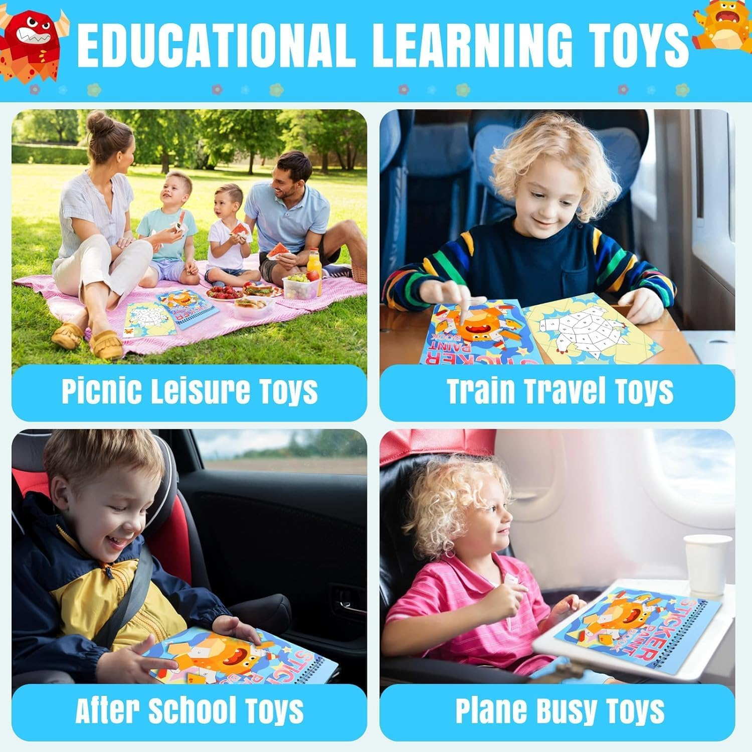 2 Sets Sticker Paint Number Book Kids: 14 Unique Masterpieces, Sticker Art Activity Book for Kids, No Mess Creative Fun, Paint by Numbers Style for Birthday Halloween Christmas Party Favors Travel image number 1