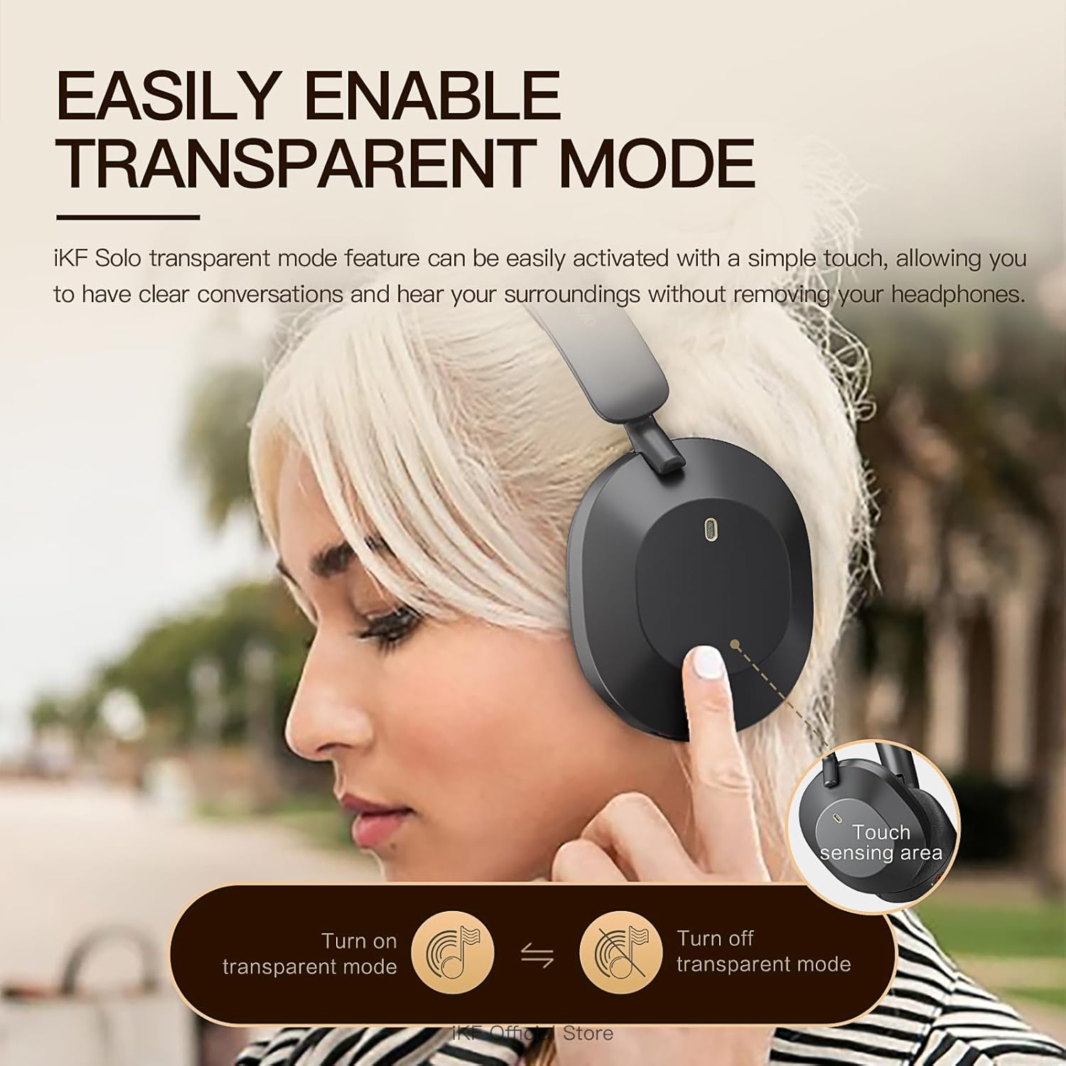 Ikf Solo Wireless over Ear Headphones,Active Noise Cancelling, 40Mm Speakers,130H Playback, Transparency Mode, Foldable, 35Ms Low Latency, USB Audio with External Mic, App Customization (Black) image number 2