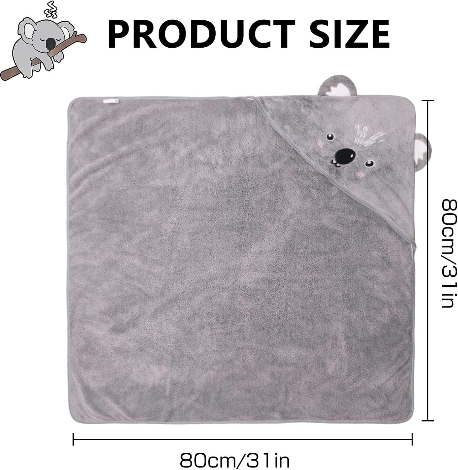 Baby Hooded Towel Koala Design, Soft Coral Fleece Baby Bath Towel 80 X 80 Cm for Newborn Essential Gift, Machine Washable, by CRFY image number 5