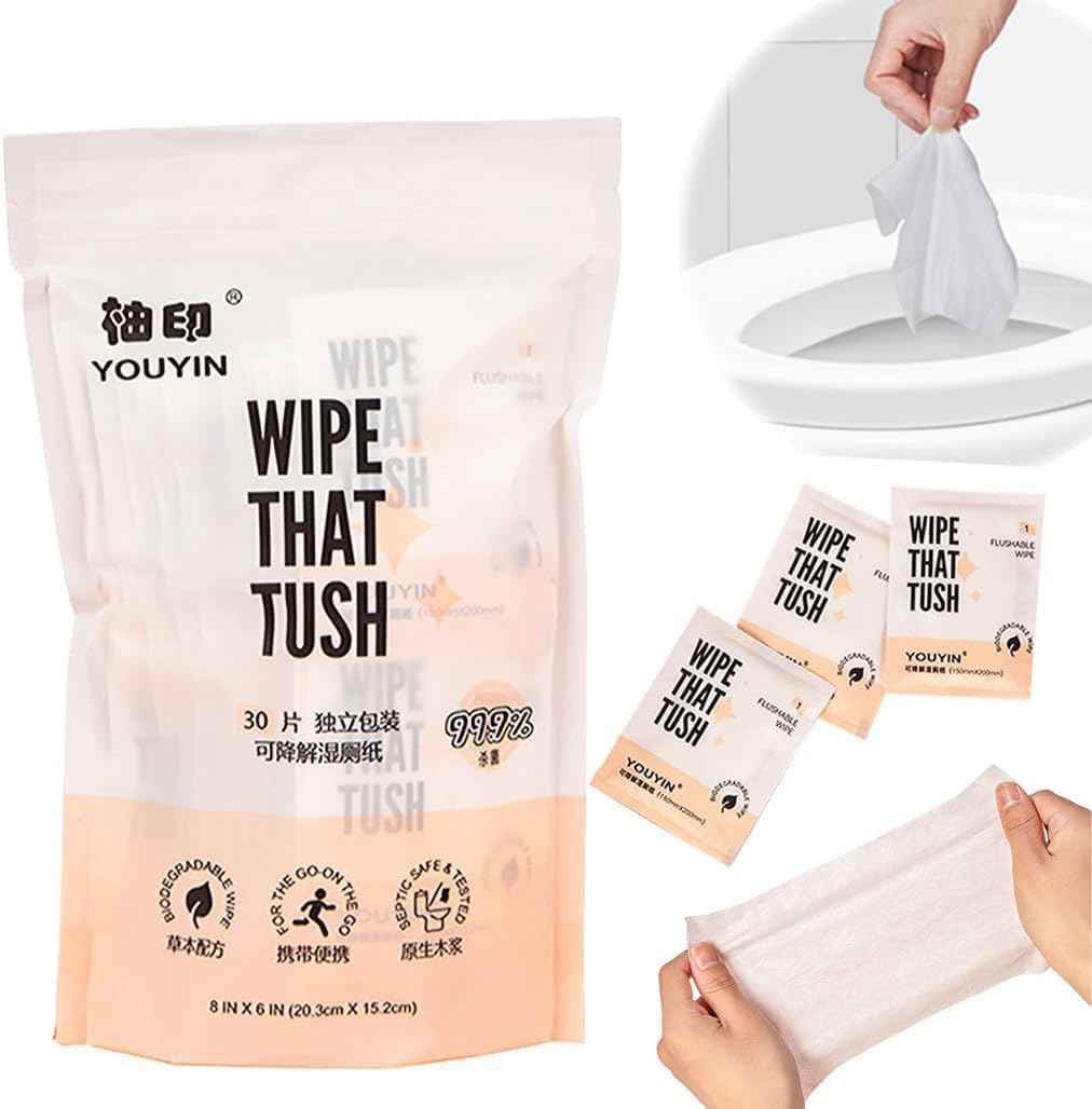 Flushable Toilet Tissue Wipes,30 Pcs Toilet Wet Paper Bulk Individually Wrapped Wipes,Pocket Size Travel Bathroom Daily Use Butt Body Hand Face Wipes for Women Men,Septic and Sewer Safe image number 3
