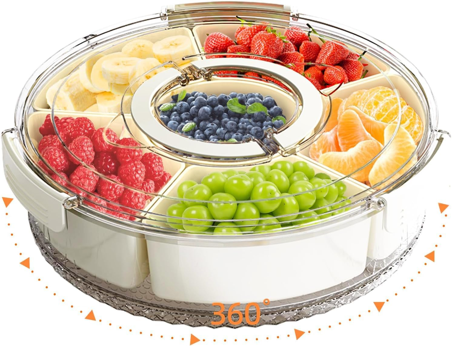 Large Divided Rotating Serving Tray with Lid & Handle, Portable Snackle Box for Fruits Snacks Veggie Charcuterie, Clear Snack Spinner Organizer & Fridge Storage Container for Picnic Travel Beach Party image number 5