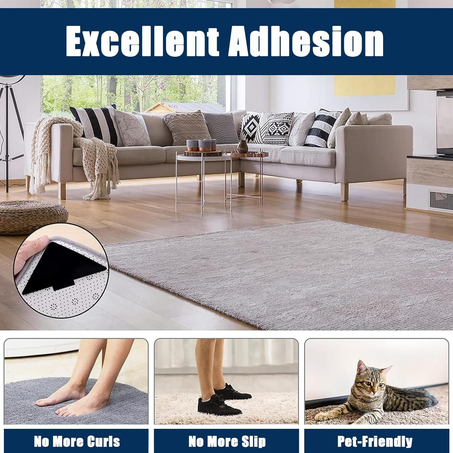 Rug Grippers, 16 Pcs Double Sided anti Curling Washable Removable Rug Grip Tape, Non Slip Adhesive Pad for Hardwood Floor, Tile, Mats, Wall