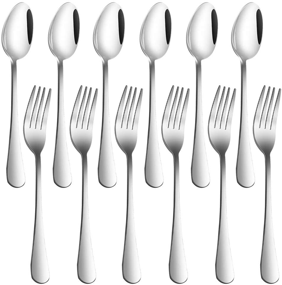 Set of 12, Black Plated Stainless Steel Dinner Forks and Spoons, Findtop Heavy-Duty Forks (8 Inch) and Spoons (7 Inch) Cutlery Set- Black