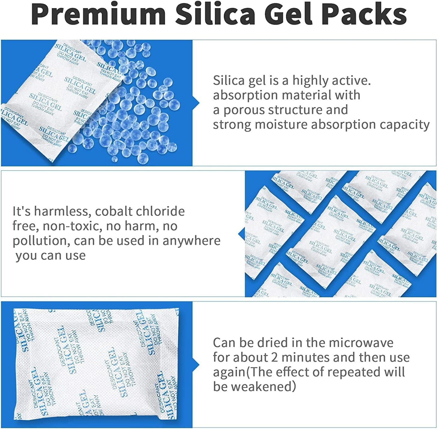 Durimoiy 100 Gram [6 Packets] Premium Pure Silica Gel Packets Desiccant Dehumidifiers, Silica Gel Packs - Rechargeable (Food Safe) Moisture Absorbers, Desiccant Packets image number 2