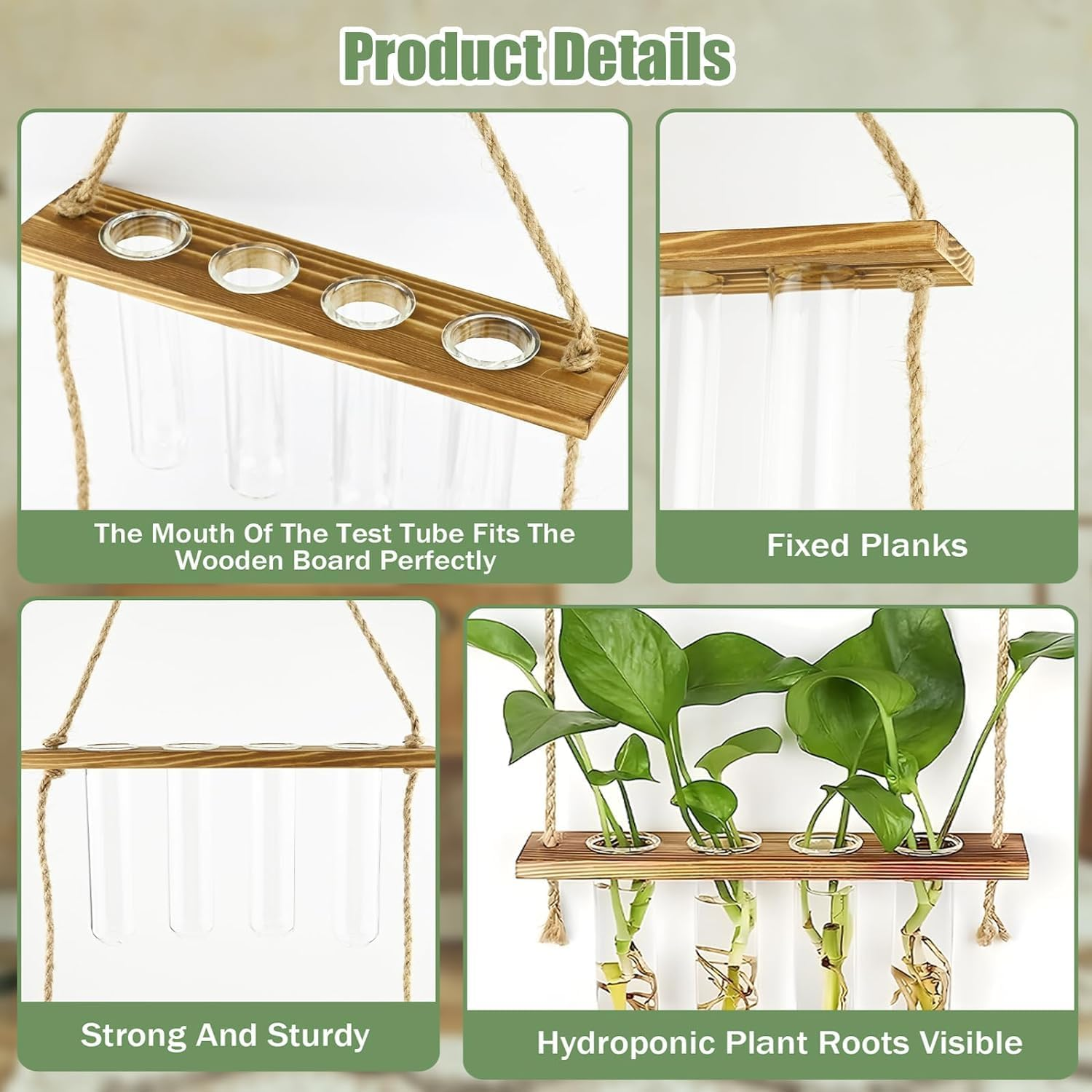 Plant Propagation Station,2 Tiered Test Tube Hanging Plant Holder with Wooden Stand,Propagation Station with Wooden Stand, Propagation Planters Glass Tube for Hydroponic Plant Decor image number 3