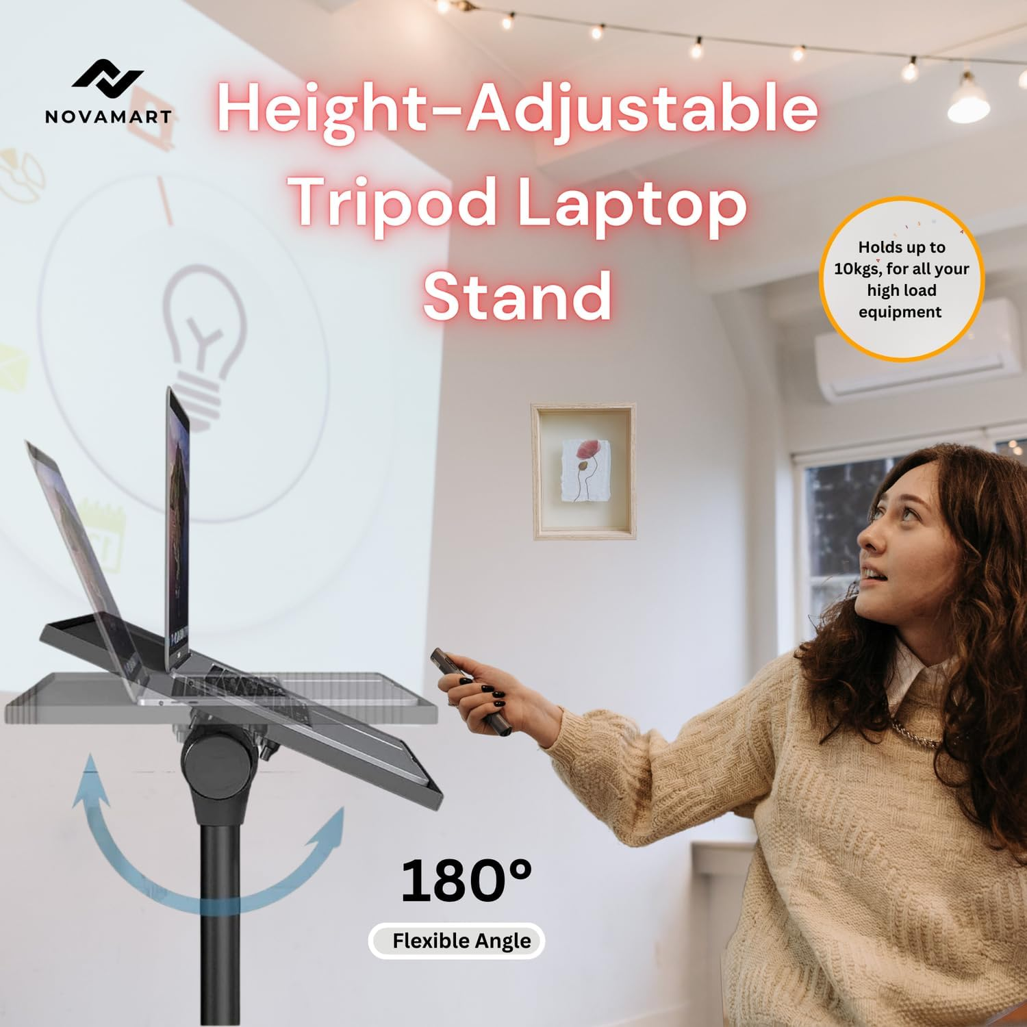 NOVAMART Adjustable Laptop Tripod Stand with Phone Holder &ndash; Portable Alloy Mount for Desk, Stage & Studio image number 2