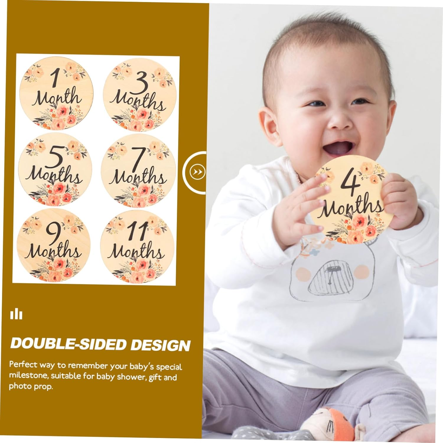 VANZACK 6 Pcs Wooden Monthly Milestone Cards Double Sided Flower Pattern Photo Props Newborn Growth Sign for Photography and Keepsake image number 2