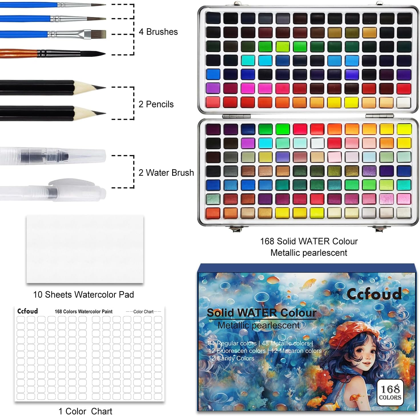 Watercolour Paint Set, 168 High Pigment Watercolor Paint Palettes with with Metallic, Fluorescen,Macaron Colors Brush Pen, for Artists, Amateur Hobbyists and Painting Lovers, Painting Art Supplies for Adults