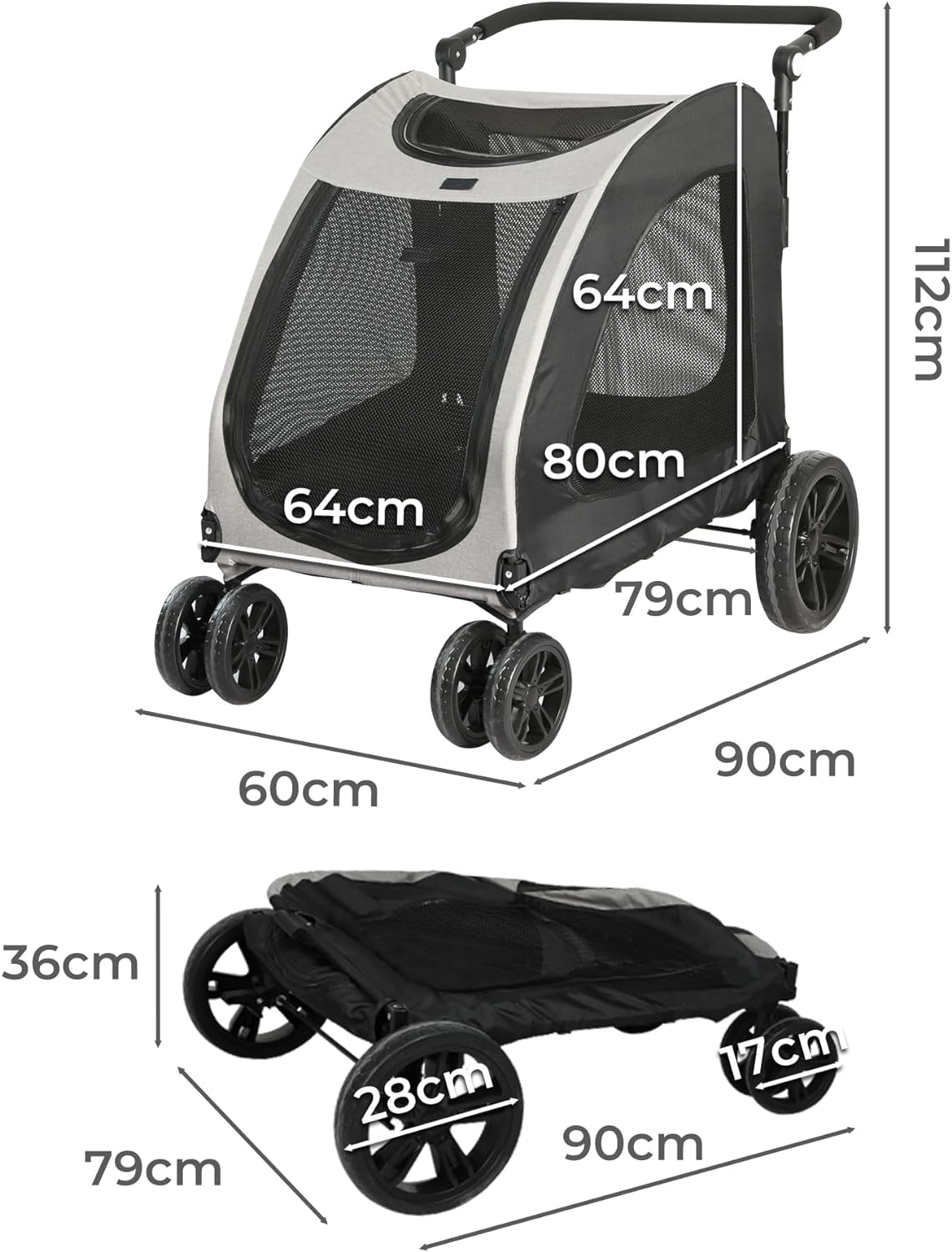 Pawz Pet Stroller &ndash; Dog Pram, Cat Carrier, Travel, Foldable, Strollers, 4 Wheels, 50Kg Large Capacity, Black and Grey image number 4