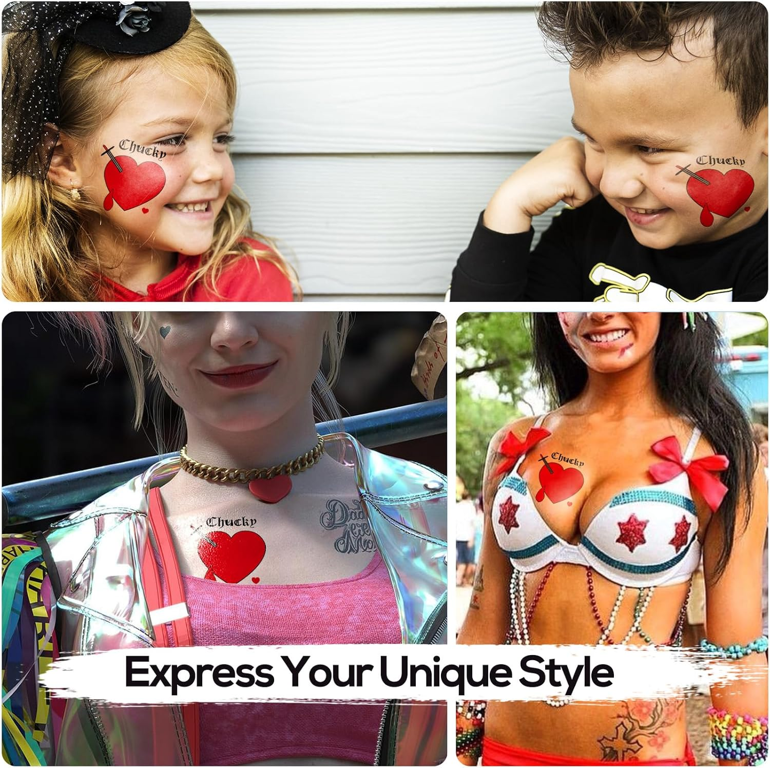 Bride of Chucky Heart Temporary Tattoos, 7-Pack Chucky Heart Tattoo Stickers, Perfect for Halloween Costume Parties and Cosplay