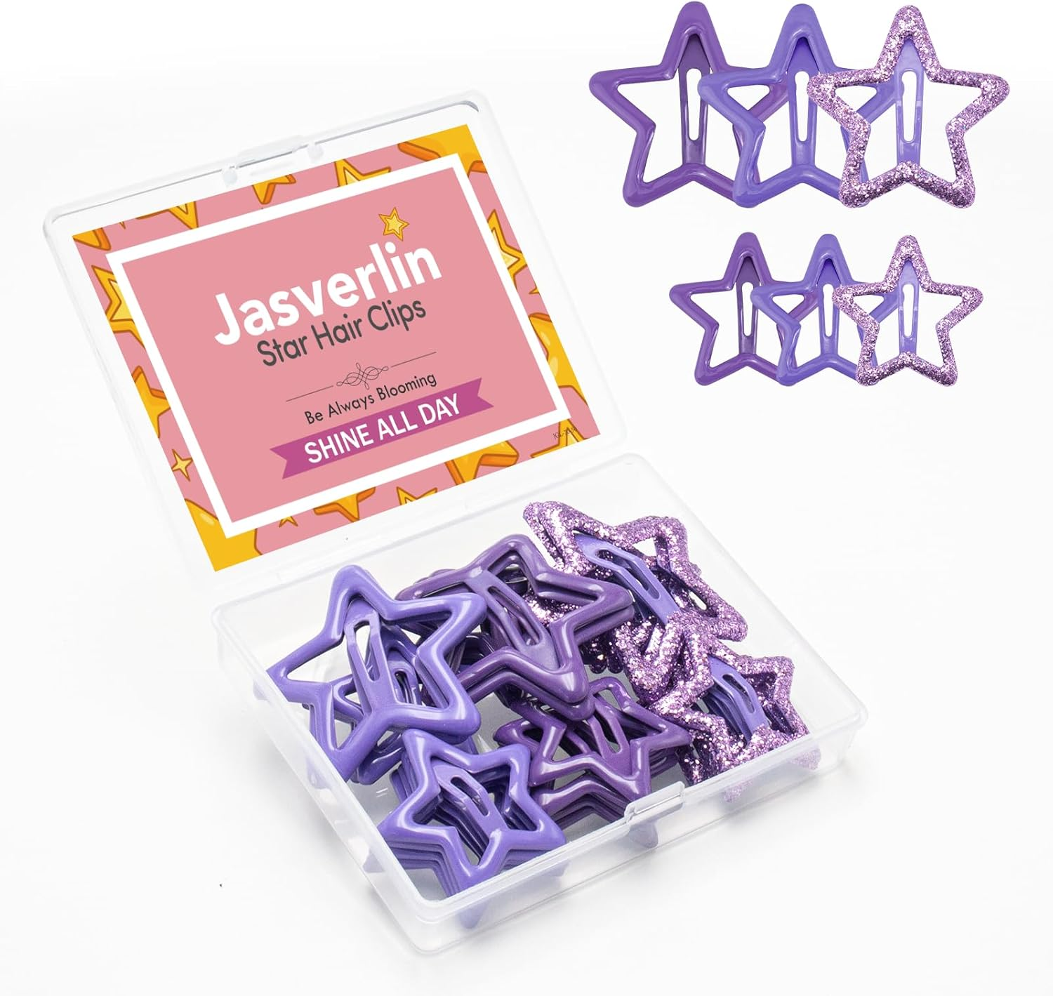 JASVERLIN 36 Pcs Star Hair Clips, Y2K Cute Snap Barrettes for Women Thin Thick Hair, Colorful Kawaii Girls Rave Accessories Glitter Non Slip Metal Hairclips Assorted Sizes (Purple) image number 1