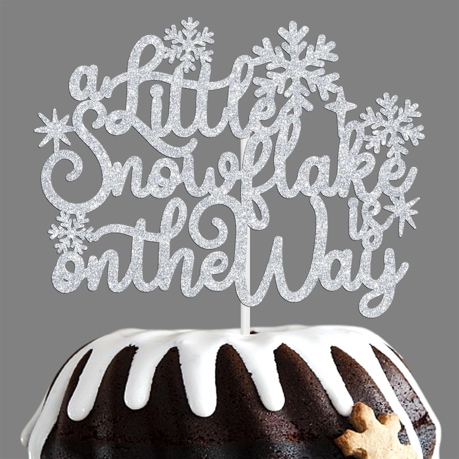 A Little Snowflake Is on the Way Cake Topper, Sweet Little Snowflake Christmas Cake Decor, Winter Wonderland Baby Shower/Gender Reveal Party Decorations Supplies for Boy or Girl, Silver Glitter image number 4