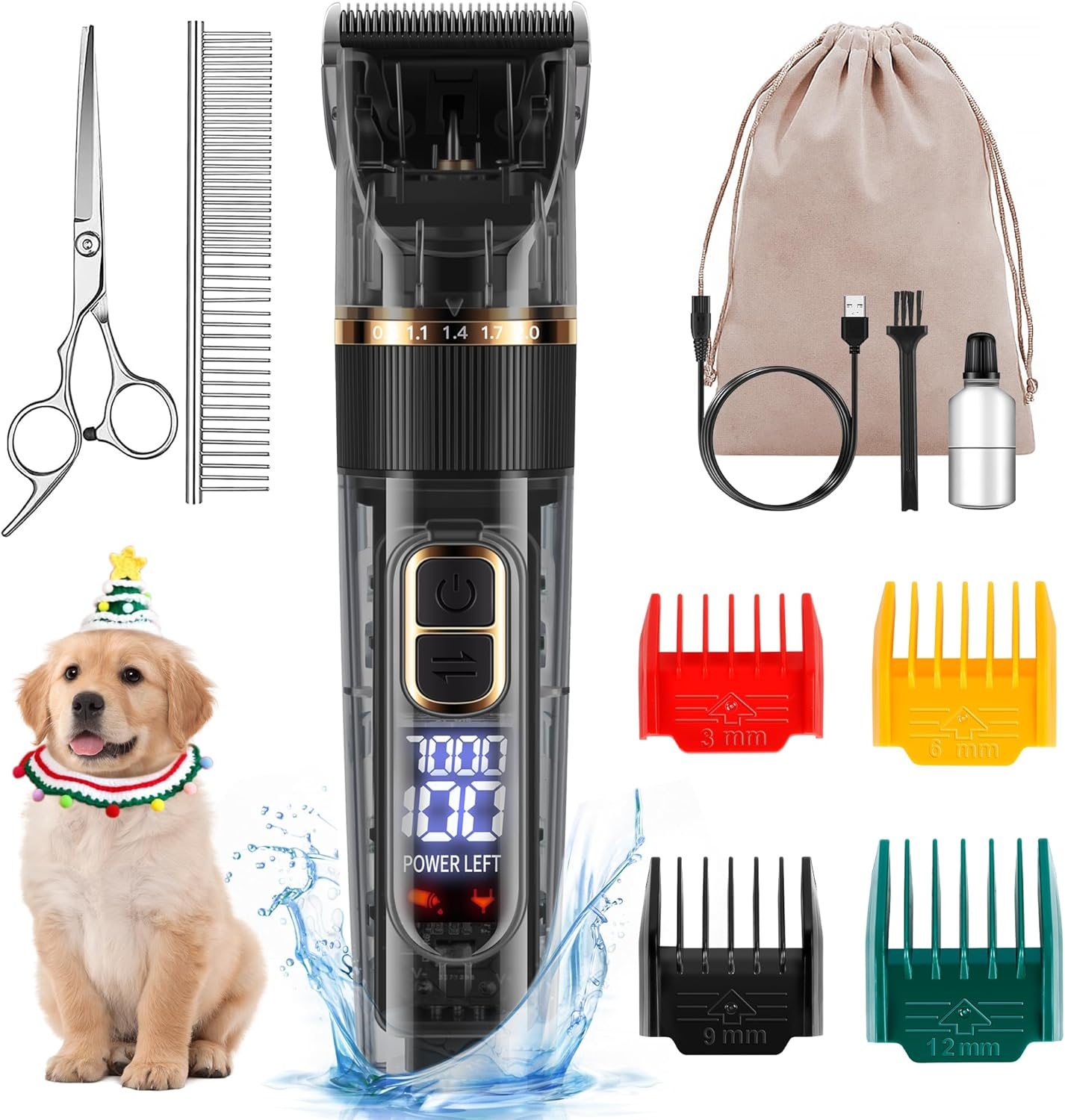 FURBONA Dog Grooming Kit with LED Display, 3-Speed, Low Noise, Rechargeable, Cordless, Waterproof Clippers for Dogs Cats Small & Large Pets with Thick Coats