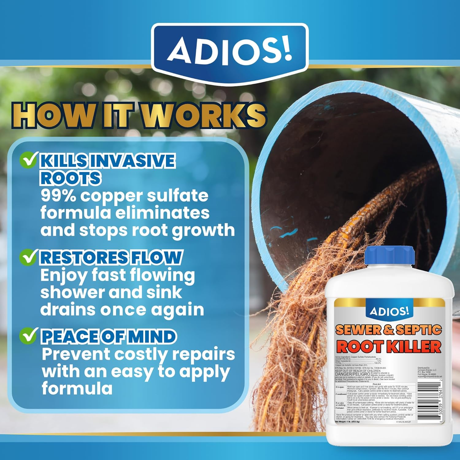 Adios! Sewer and Septic Root Killer for Trees and Shrubs, Copper Sulfate Formula Protects Sewer Pipes, Drains and Septic Tanks from Invasive Root Growth (2 Pound) image number 3