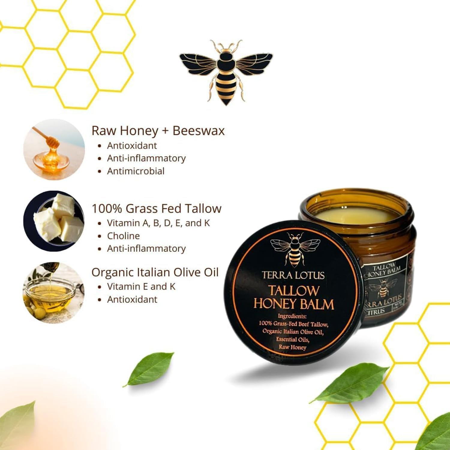 Organic Grass-Fed Beef Tallow Balm with Raw Honey - Moisturizing Cream for Soft, Smooth Skin - Handmade All-Natural Moisturizer (2 Oz/57G, Citrus)