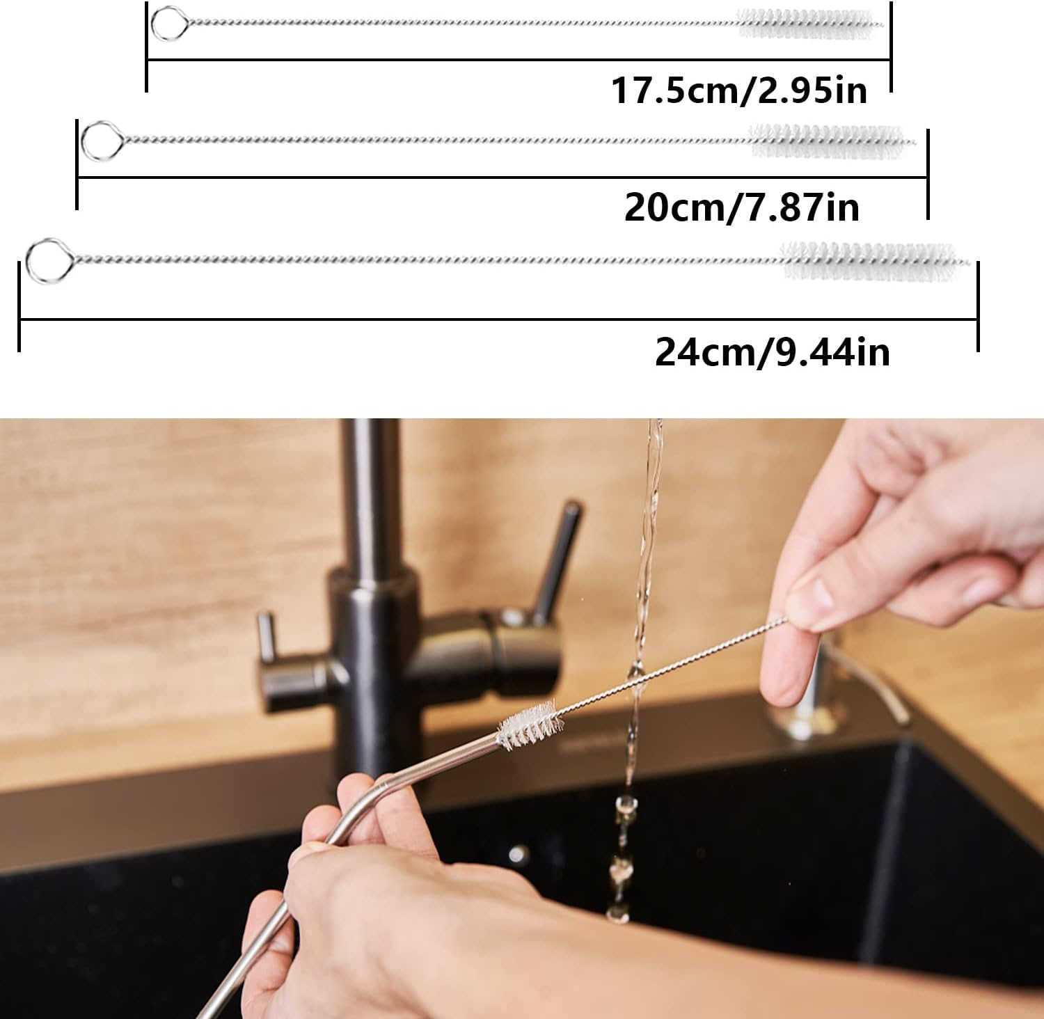 TORMEN 6Pcs Straw Cleaner Brush, Bendable Brush Nylon Bristles Stainless Steel Handle Be Used to Clean Pipe, Narrow Tube, Coffee Pot, and Other Hard to Access Corners(Length: 240" 200" 175" image number 2
