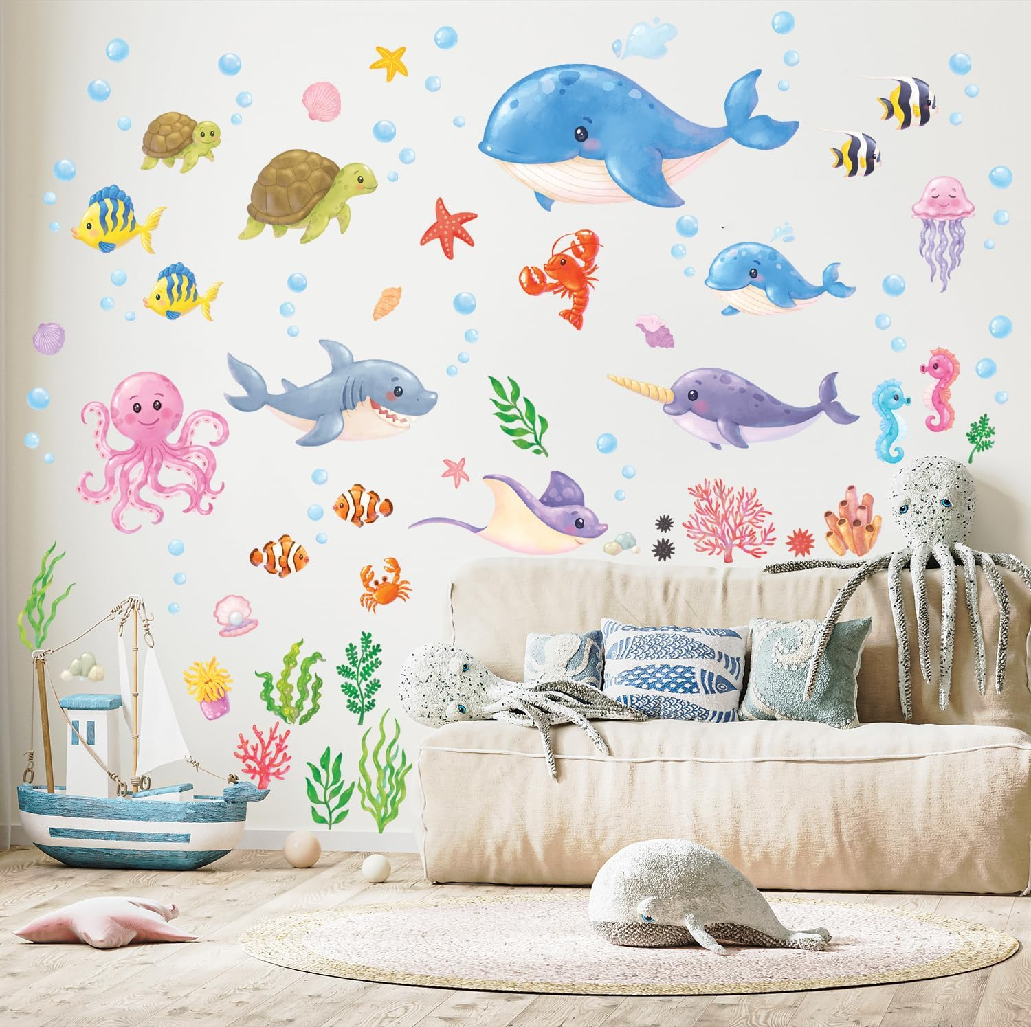DECOWALL DS12-8081 under the Sea Wall Stickers Ocean Fish Seaweed Decals Turtle Jellyfish Removable Kids Baby Bedroom Nursery Art Home D&eacute;cor Bathroom Decoration Beach Seagrass Colorful Boys Girls