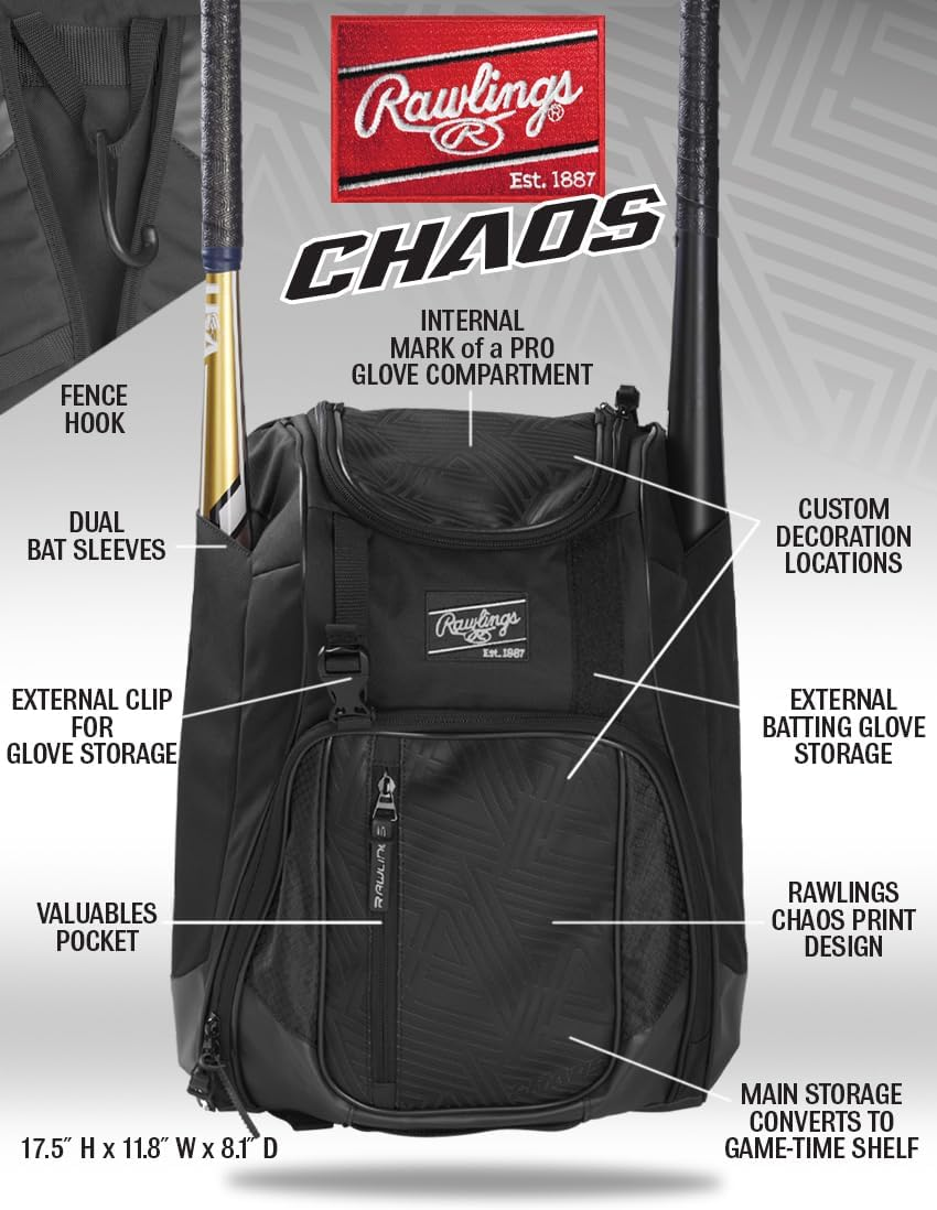 Rawlings | Chaos Backpack Bag Series | T-Ball & Youth | Baseball & Fastpitch Softball | Multiple Colors - Red/White/Blue image number 3