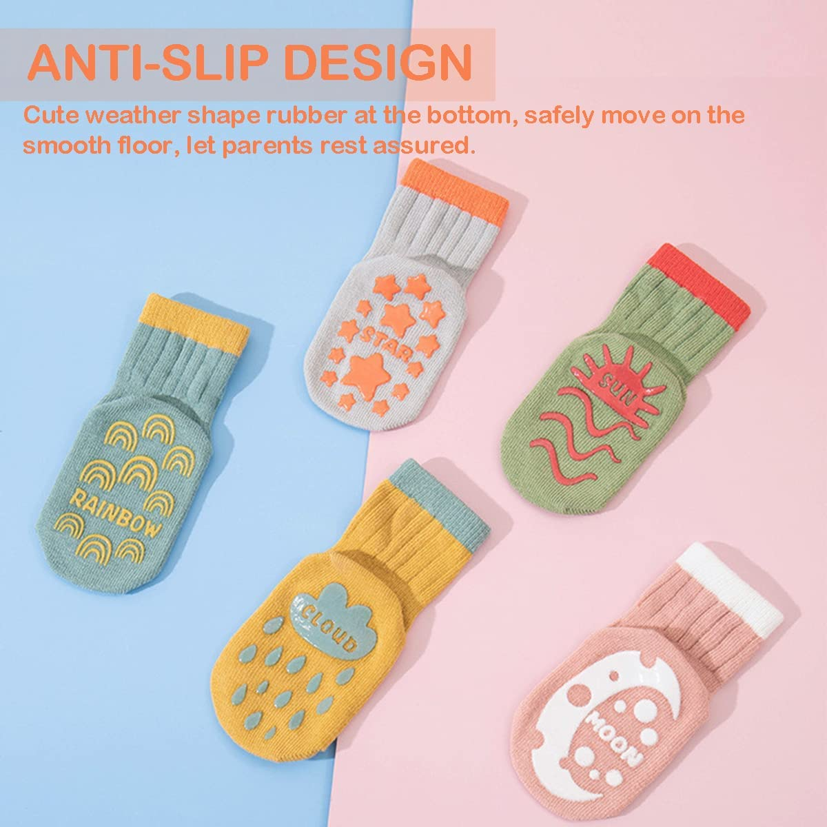 Baby Socks with Grip 5 Pairs, Ultra-Soft Cotton Anti-Slip Toddler Crew Socks for 0-12 Months/1-3/3-5/ Years Old Boys Girls Kids Infant Non Slip Ankle Socks Unisex Crawling Socks for Babies image number 3