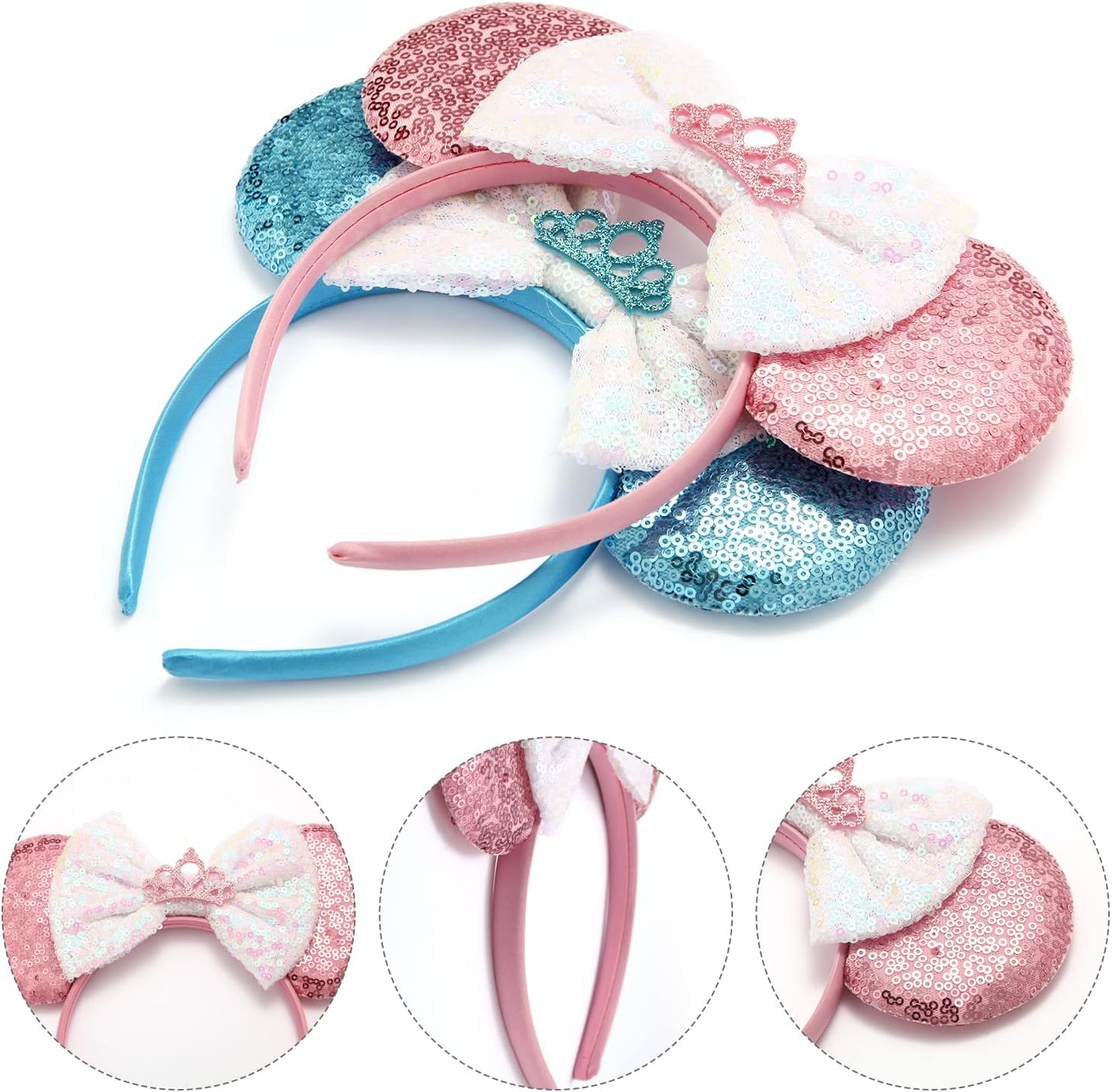 2 PCS Sequin Mouse Ears Bow Headbands for Kids Girls Women, Glitter Party Princess Decoration Cosplay Birthday Christmas Party (Blue+Pink) - Blue+Pink image number 5