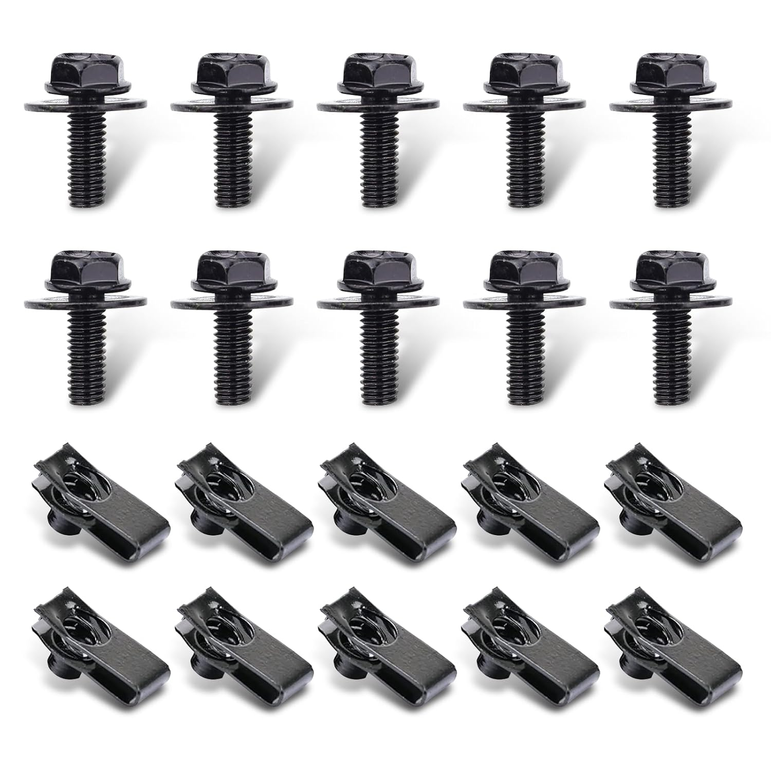 UGSHY 20 PCS Automotive Body Bolt and U-Nut Clamp Kit, Hood Guard Spiral, Bumper Fender Liner Push Pull Metal Rust-Resistant U Retainer, Universal for Most Cars Fastening Accessories (Black)