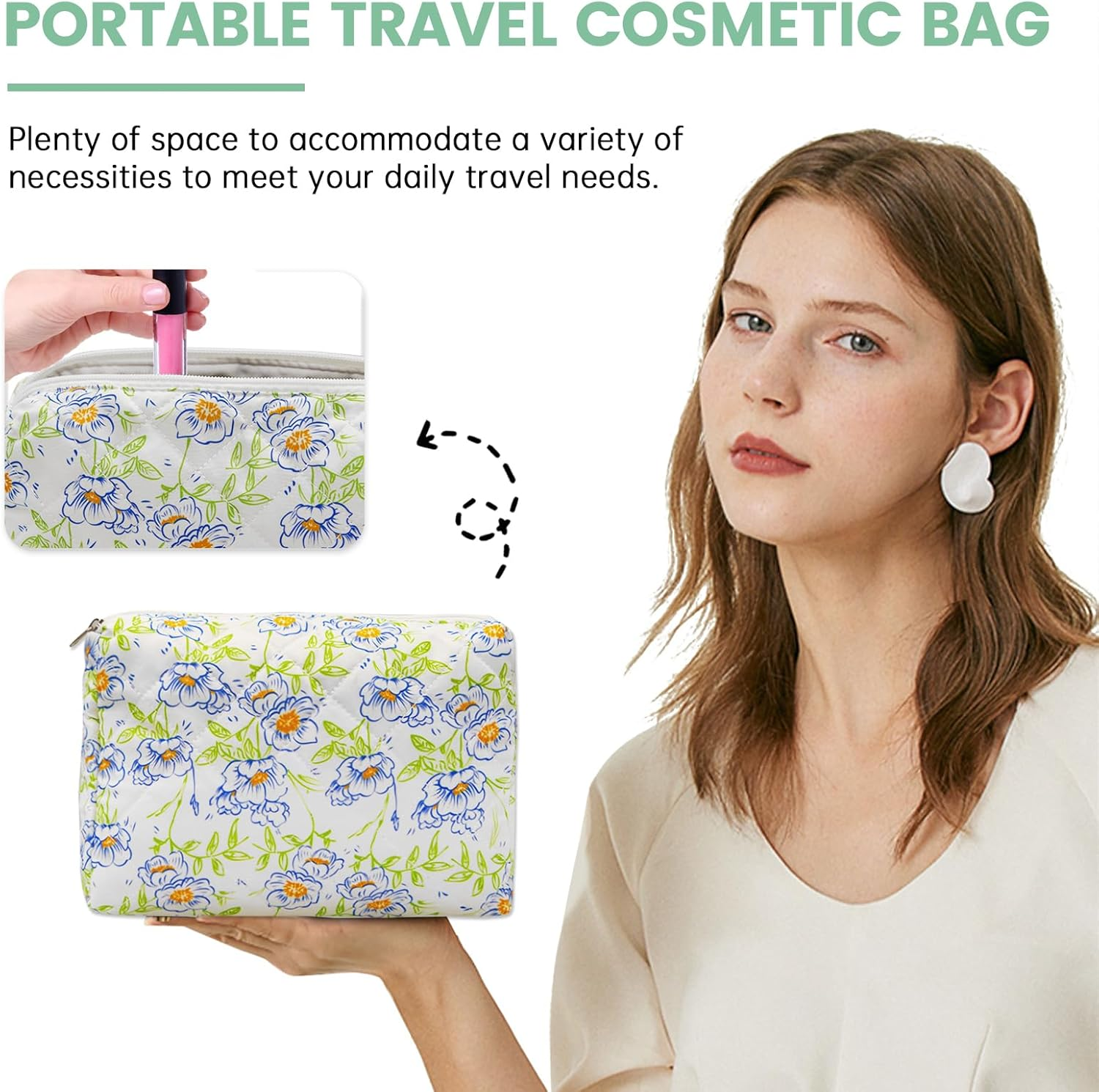 Long Keeper Large Makeup Bag Floral Aesthetic Cosmetic Bag Women Cotton Travel Make up Bag Cute Flower Toiletry Organizer Bag, Blue Green Flower, Trendy image number 4