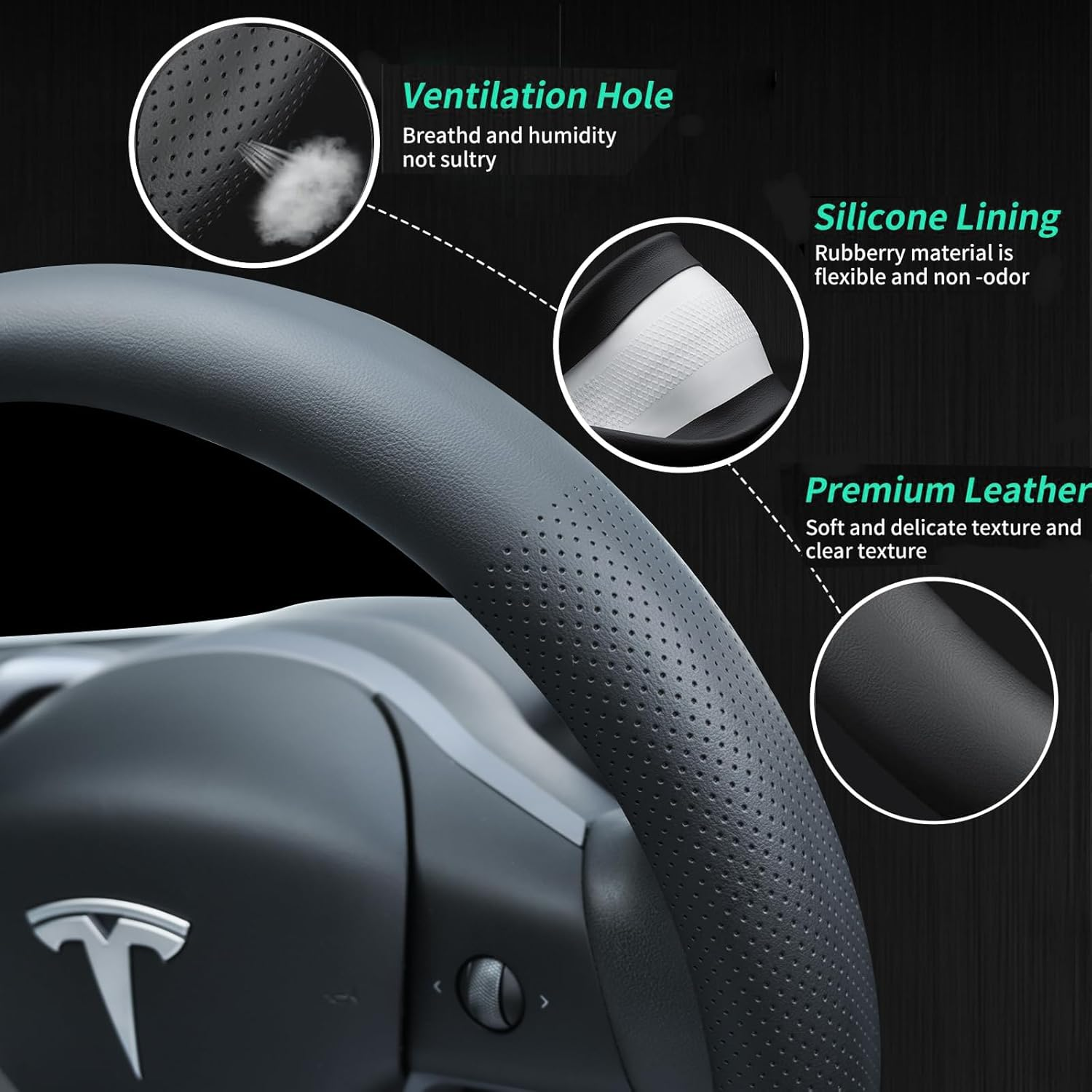 MAEZOE Nappa Leather Steering Wheel Cover for Tesla Model 3/Y 2016&ndash;2026 Juniper/Highland, Ultra-Thin D-Shaped Grip, Breathable & Non-Slip for Commuters, Family, Daily Driving image number 3