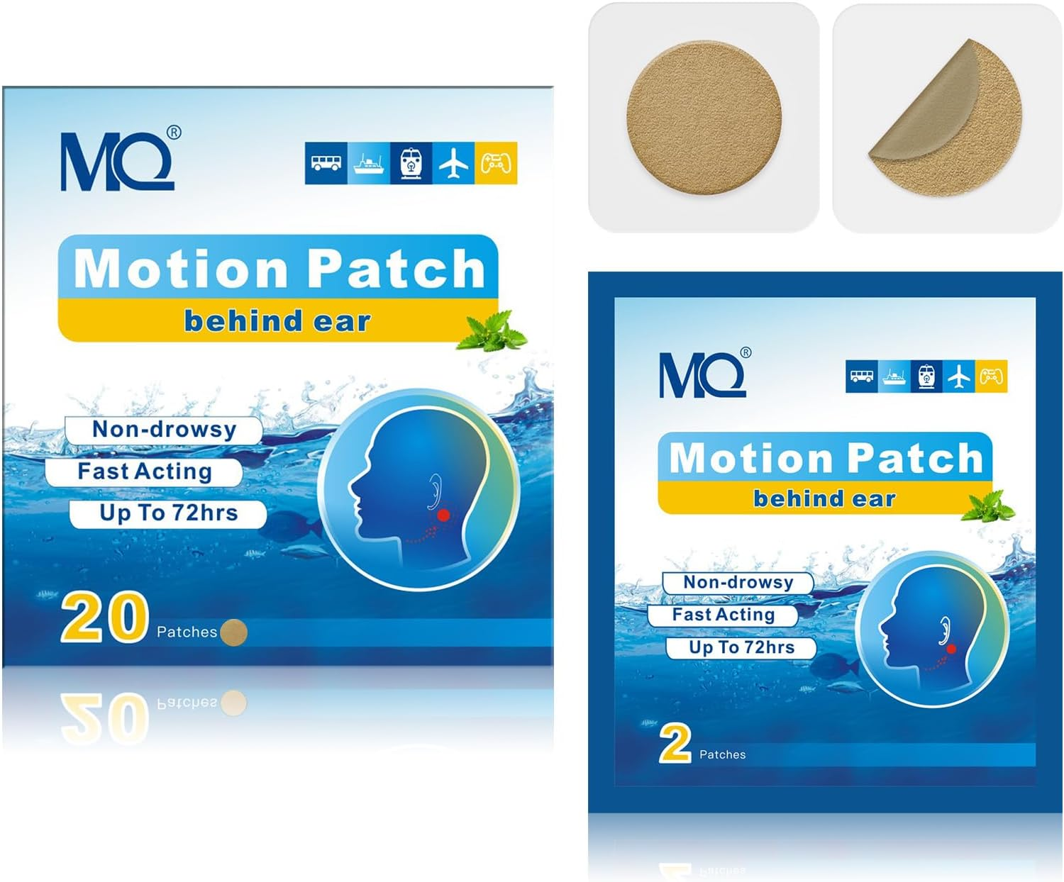MQ 20Ct Motion Sickness Patches, Light Color, Sea Sickness Patches Non Drowsy & Waterproof, Cruise Ship Travel Essentials, Fast Acting & Long Lasting 72H