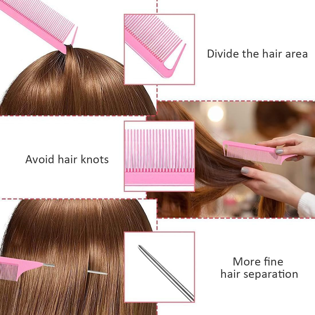 French Braid Loop Tool with Rat Tail Combs, 8Pcs Tail French Braid Loop Tool with Rat Tail Comb, Quick Hair Looping Braid Loop Ponytail Tail Tools for Girls and Women, Pink - Black image number 6