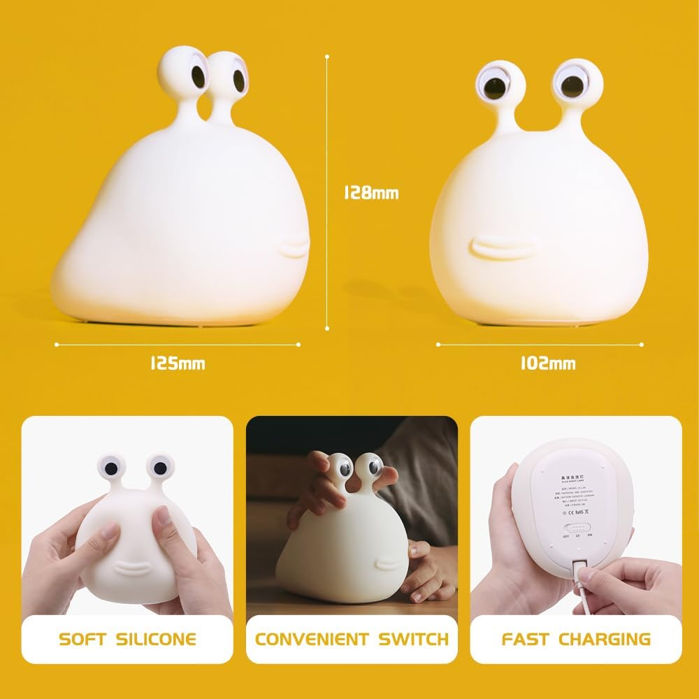 Crtivetoys Cute Slug Night Light for Kids, LED Portable Animal Lamps Touch Control&Timer and Dimmable for Nursery, Portable Rechargeable Silicone Night Light for Kids Birthday Xmas Gift, White image number 3
