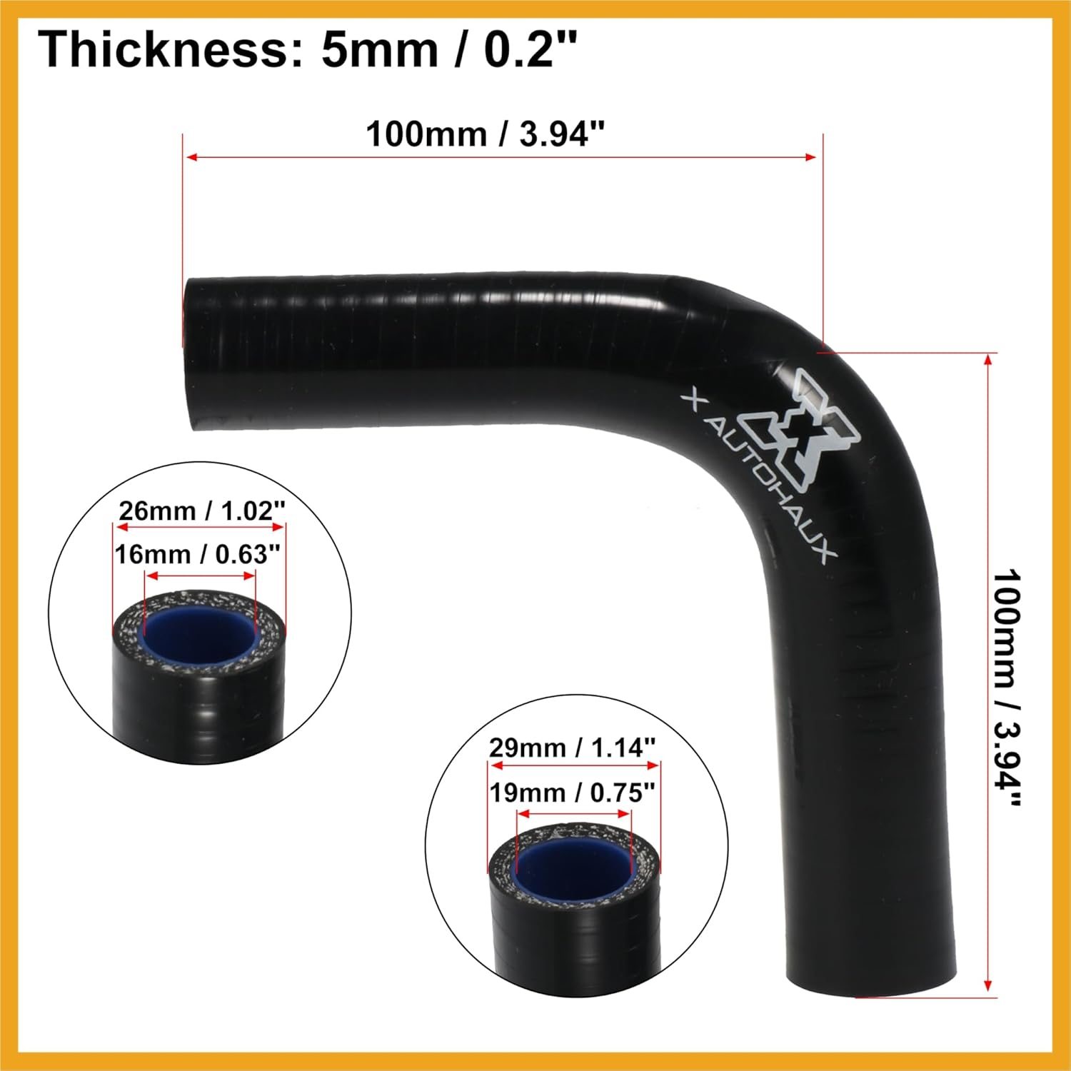 100Mm Length 16-19Mm 0.63"-0.75" Inner Diameter 90 Degree Reducer Elbow Silicone Hose Coupler Intercooler Tube for Car Intercooler Intake Piping Black image number 3