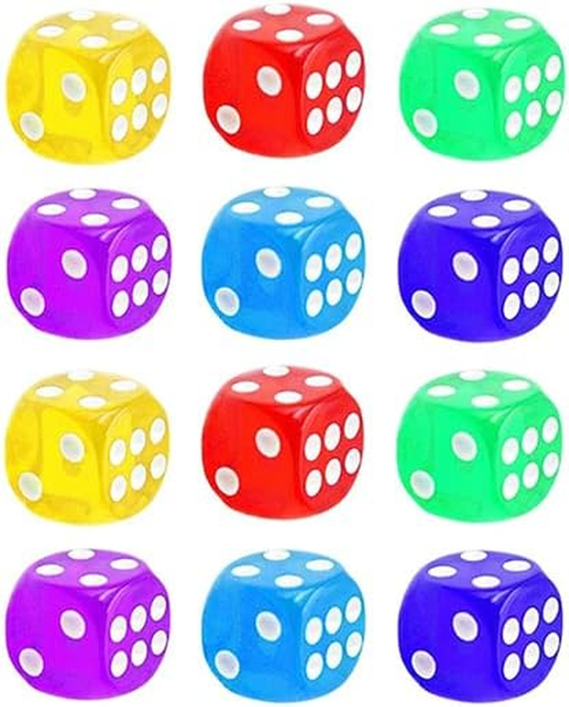 AIMALL 12PCS 6-Sided Transparent Coloured Game Dice &ndash; Bulk Board Game Toy, Multi-Coloured Dice Set for Tabletop Games, Dice Collection, and Play image number 3