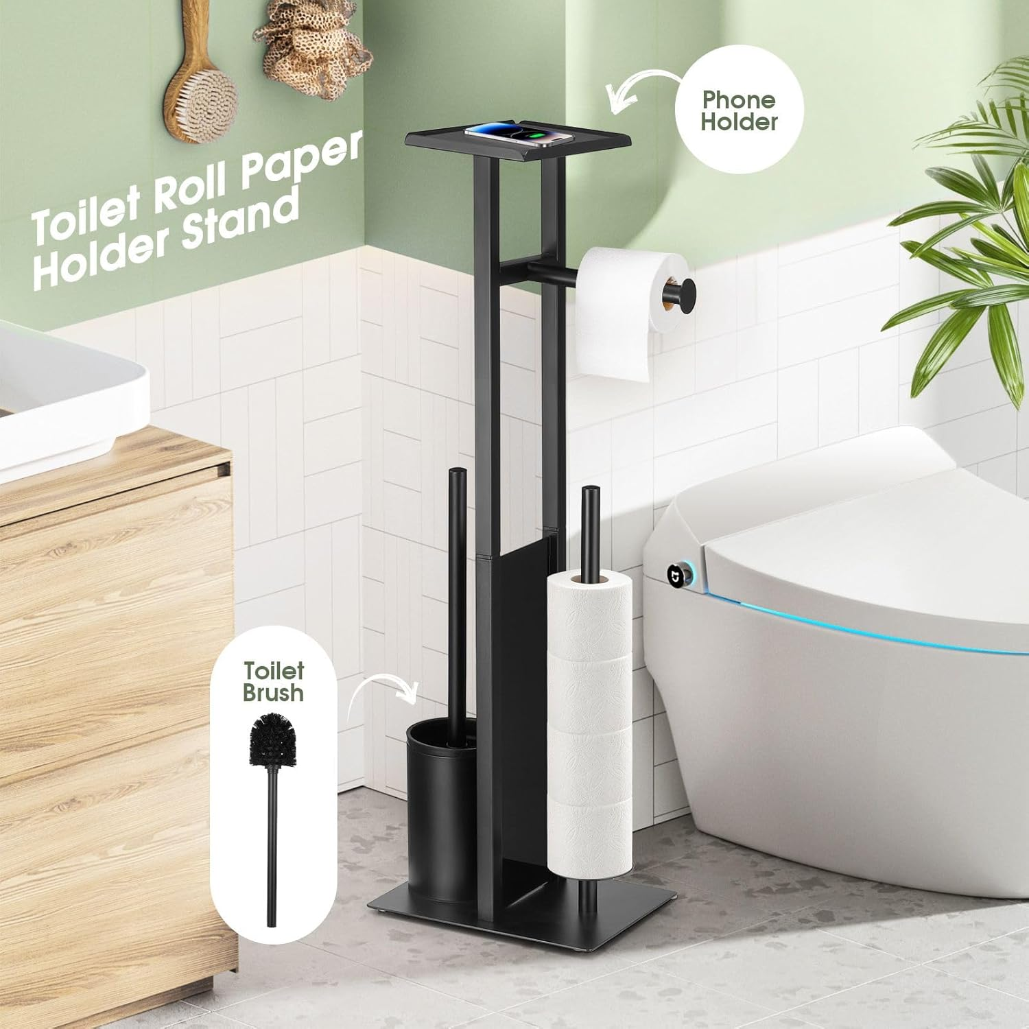 Maxkon Toilet Paper Holder Free Standing Toilet Paper Holder Stand with Storage Shelf & Toilet Brush Bathroom Toilet Paper Roll Holder Floor Standing Toilet Roll Black image number 6