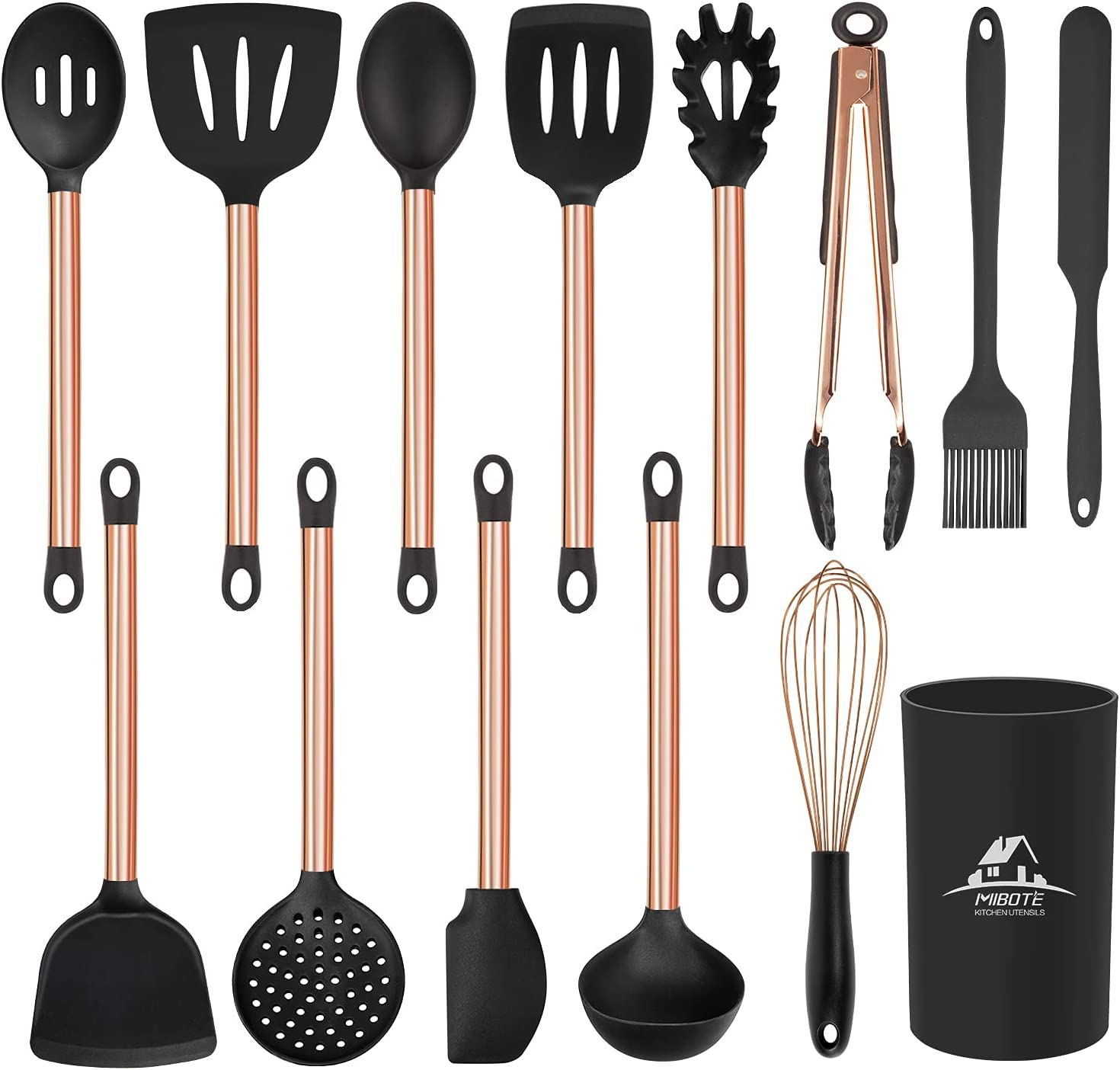 MIBOTE 19Pcs Silicone Cooking Kitchen Utensils Set with Stainless Steel Handle and Holder, Bonus High Value Stainless Steel Measuring Spoons image number 5