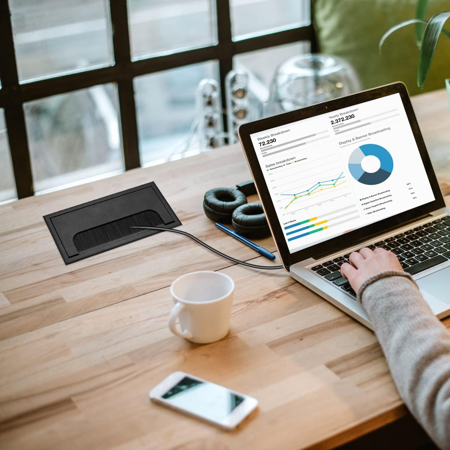 2 X Cable Grommets 160 X 80 Mm Cable Duct Desk with Brush Seal Aluminium Black with 10 Cable Ties image number 4