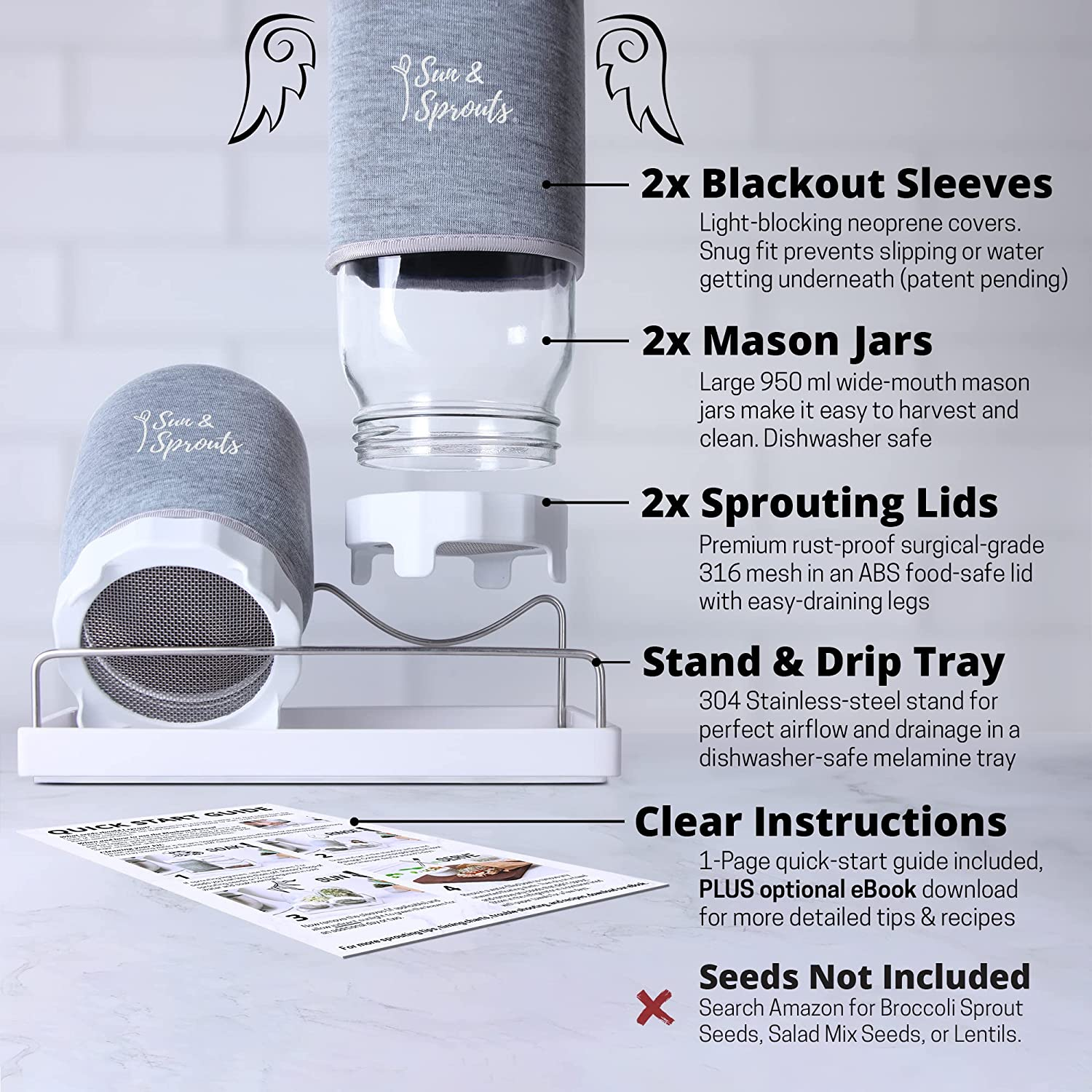 Sun & Sprouts Complete Sprouting Kit - 2 Large Wide-Mouth Mason Jars, Premium Screen Lids, Blackout Sleeves, Tray and Sprouter Stand - for Growing Broccoli, Mung Bean, Alfalfa Sprout from Seed image number 3