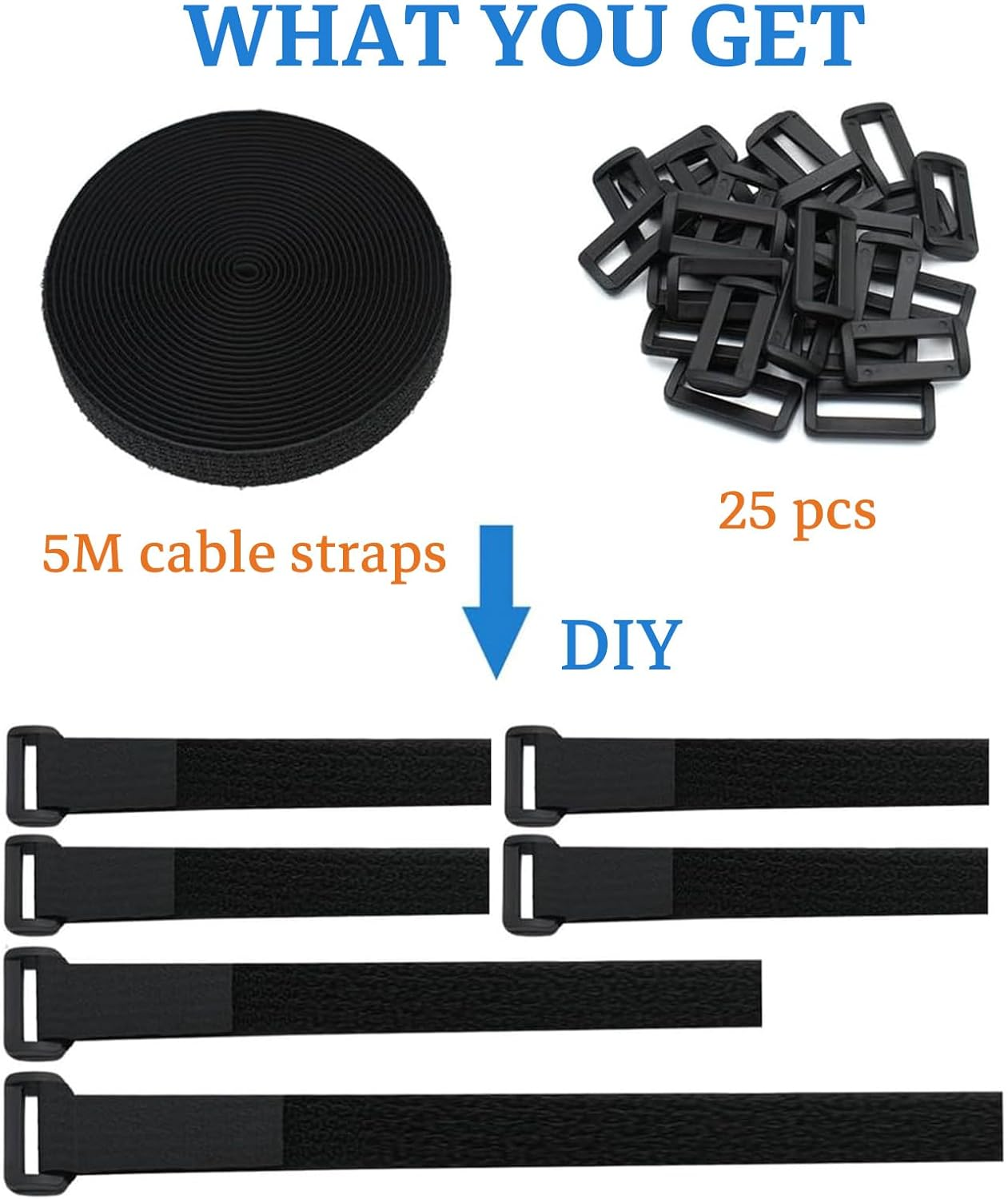 Tzylomirx Cable Ties - Hook and Loop Cable Straps, Adjustable, Free Cut Length, with Buckles for Cable Management and Cord Organizing, Securing Cord Ties with 25 Buckles(Width:2Cm, Length:5M)