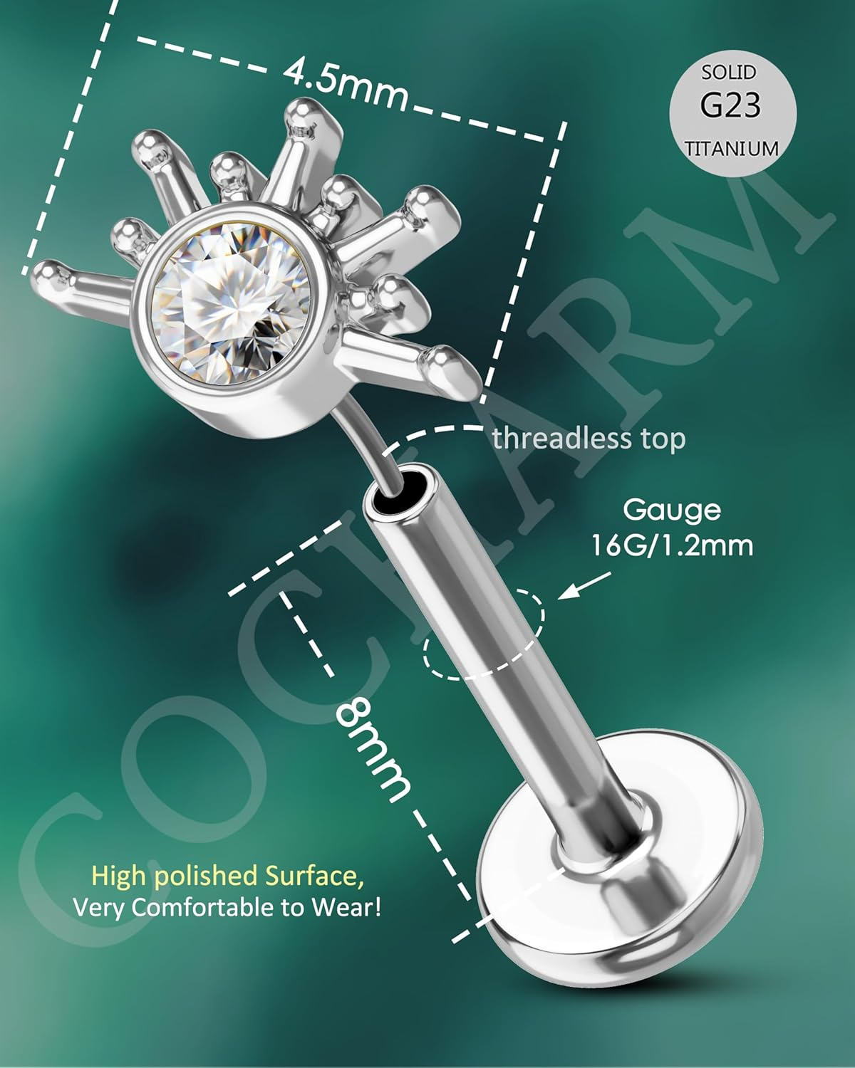 COCHARM Cute Sun Helix Cartilage Tragus Piercing Jewellery 16G 8Mm Titanium Post Flat Back Earring Stud Labret Bar for Women Silver Gold Threadless image number 1