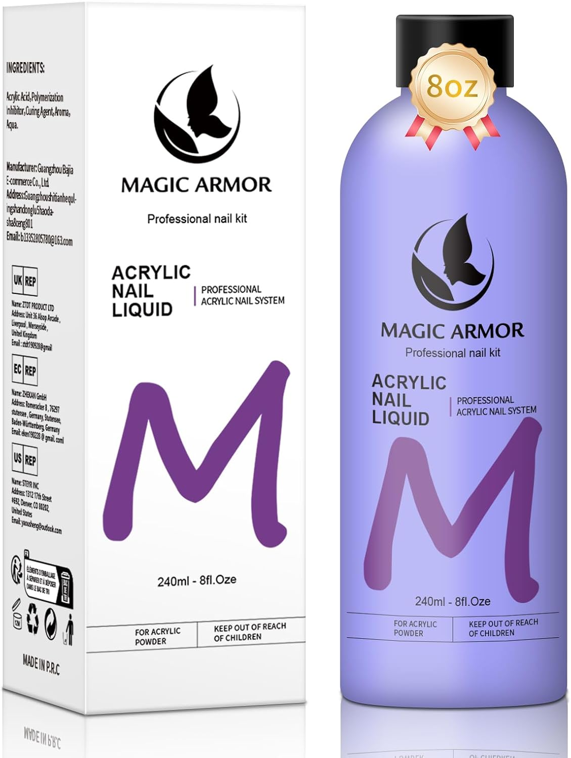 MAGIC ARMOR Acrylic Nail Liquid - 240Ml Professional Non-Yellowing, Mma-Free for Acrylic Nail Extension Acrylic Powder Application Nails Quick Dry for Nail Art Beginners DIY Home Nail Salons