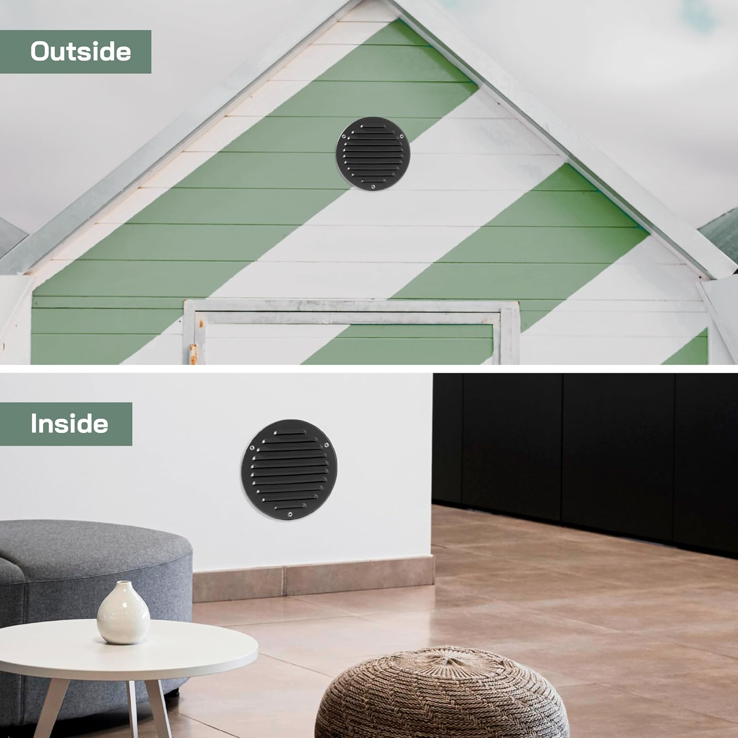 Vent Systems - 5 Inch (Inner) Black Metal round Soffit Air Vent Grille Cover, Register Air Vent Deflector, Louver - Built-In Mesh - HVAC for Bathroom, Home Office, Kitchen 6 Inch (Outer) image number 3