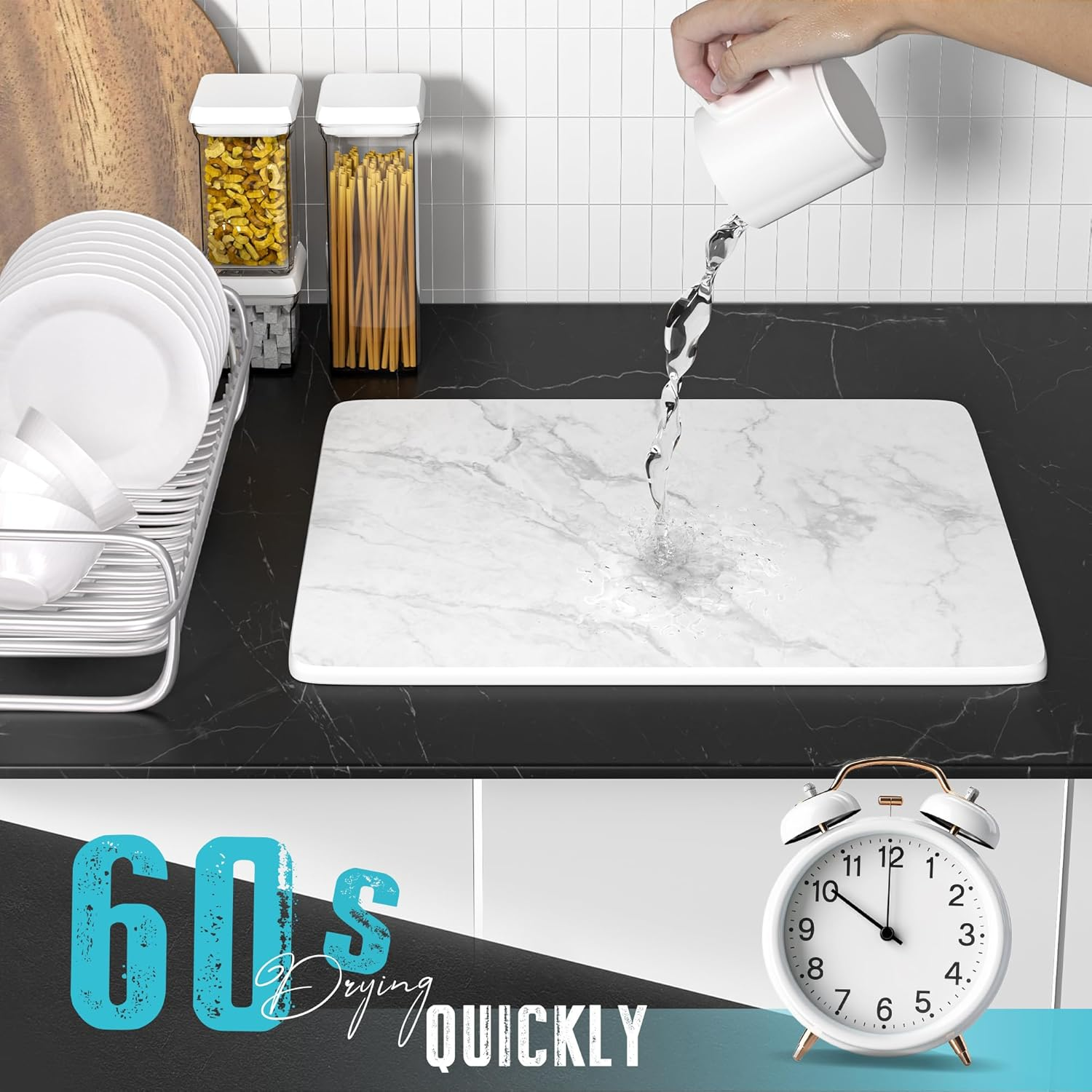 Stone Drying Mat for Kitchen Counter Marble Stone Dish Drying Mat, Super Absorbent Quick Drying Diatomite Stone Dish Drying Mat &mdash; Non-Slip & Heat Resistant, with 8 Non-Slip Mat, 16.5X12.6 White image number 2